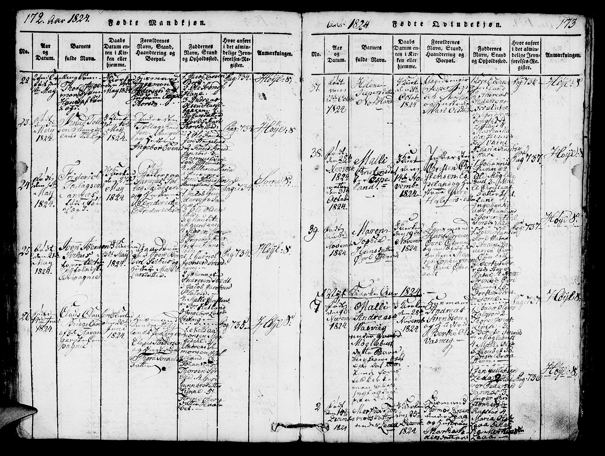 Høyland sokneprestkontor, SAST/A-101799/001/30BA/L0006: Parish register (official) no. A 6, 1815-1825, p. 172-173