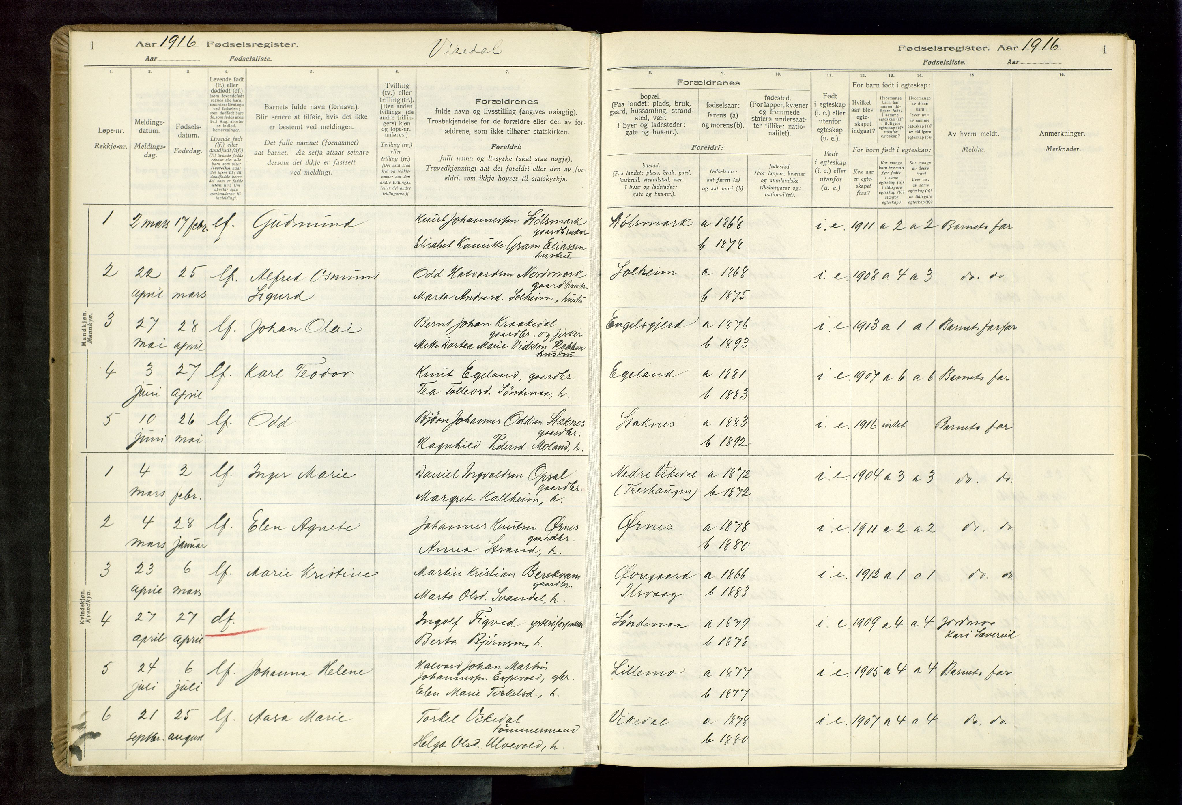 Vikedal sokneprestkontor, AV/SAST-A-101840/01/II: Birth register no. 3, 1916-1982, p. 1