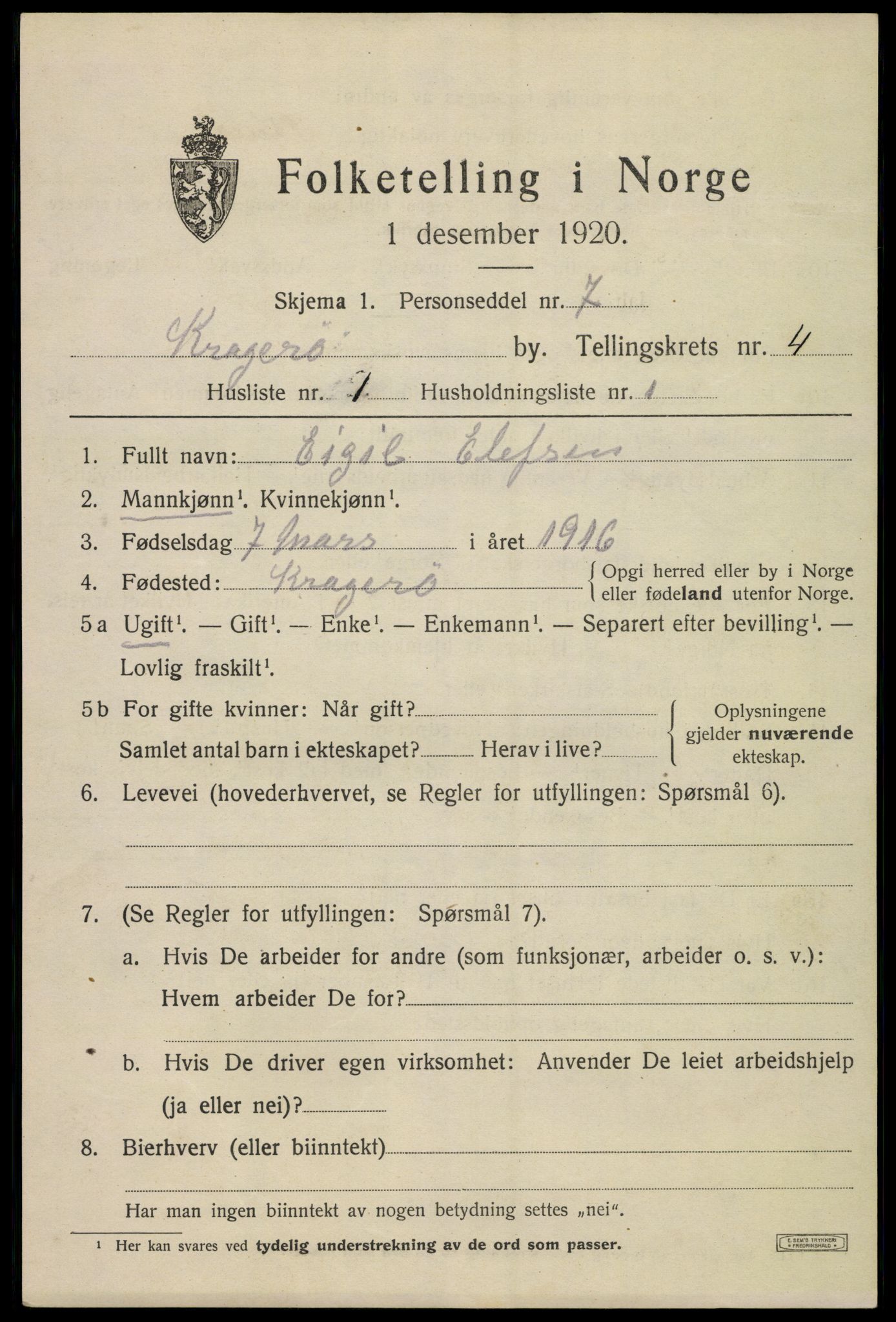 SAKO, 1920 census for Kragerø, 1920, p. 7709