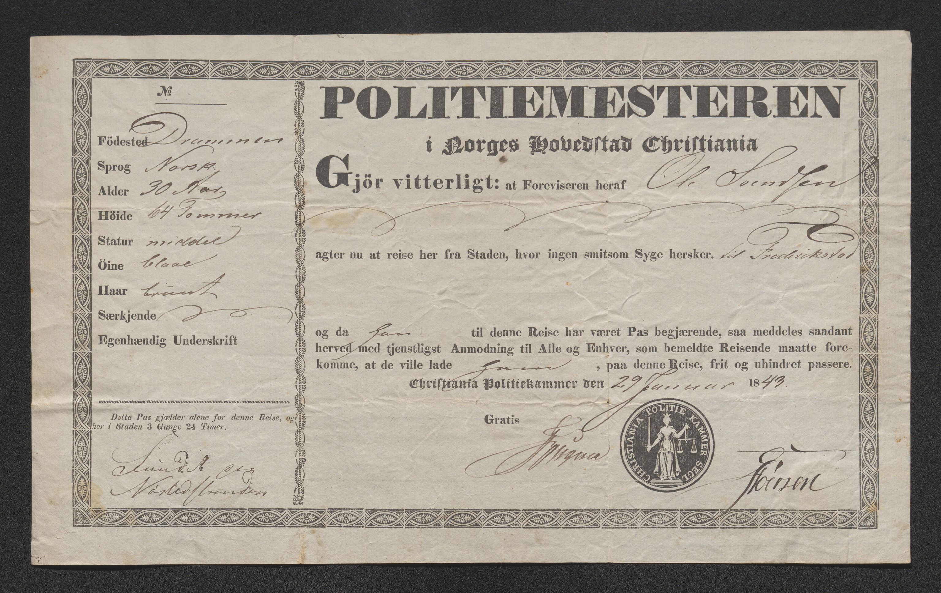 Drammen politikammer, AV/SAKO-A-623/I/Ia/Iab/L0007: Innleverte pass, 1843-1844, p. 31