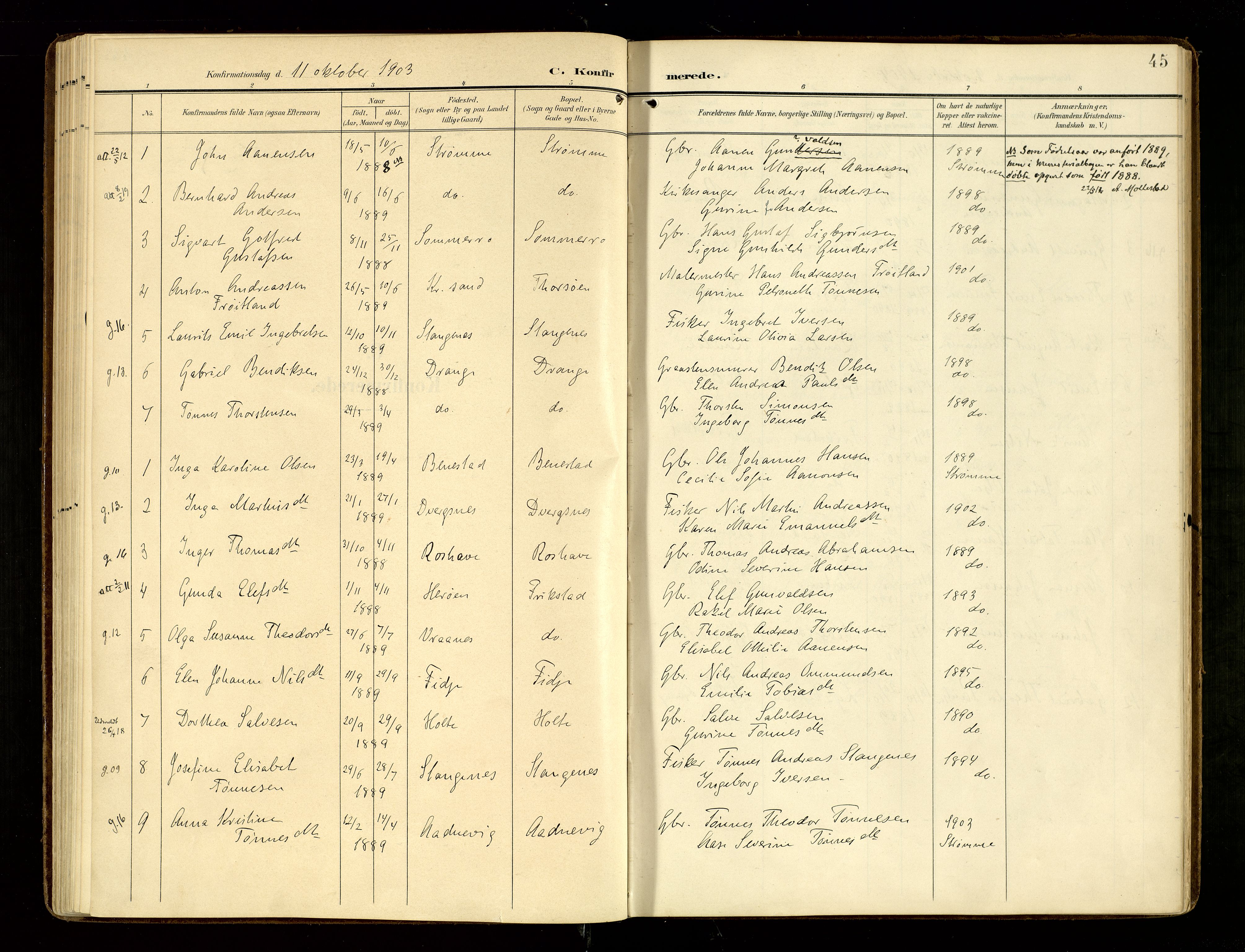 Oddernes sokneprestkontor, SAK/1111-0033/F/Fa/Fab/L0003: Parish register (official) no. A 3, 1903-1916, p. 45