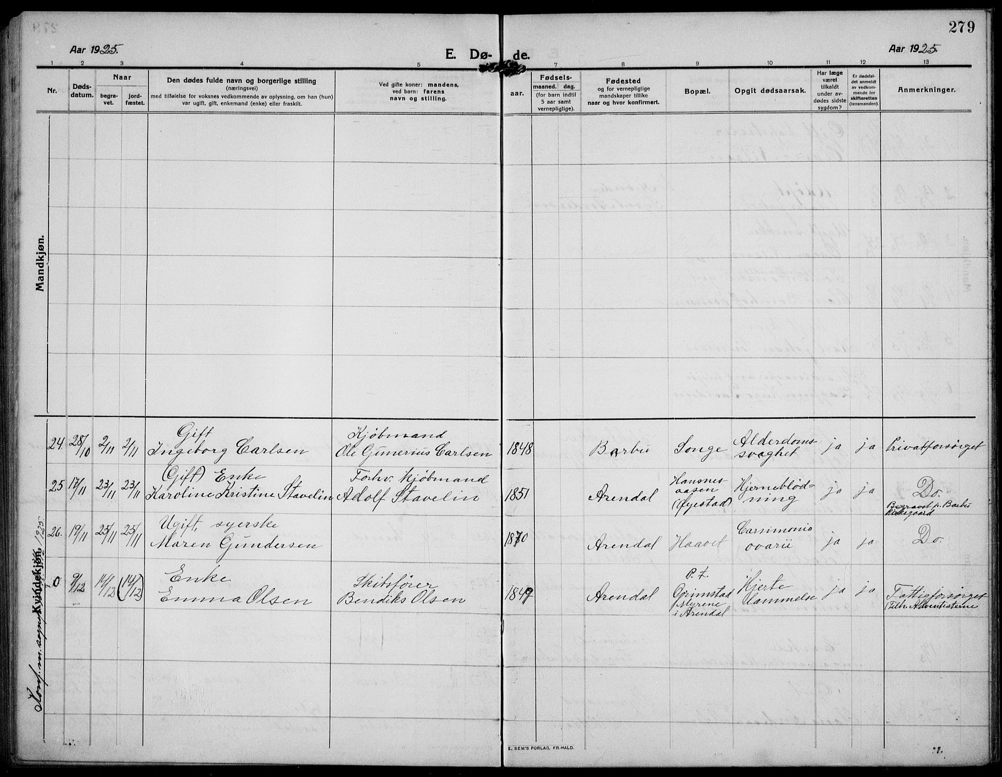 Barbu sokneprestkontor, AV/SAK-1111-0003/F/Fb/L0004: Parish register (copy) no. B 4, 1911-1936, p. 279