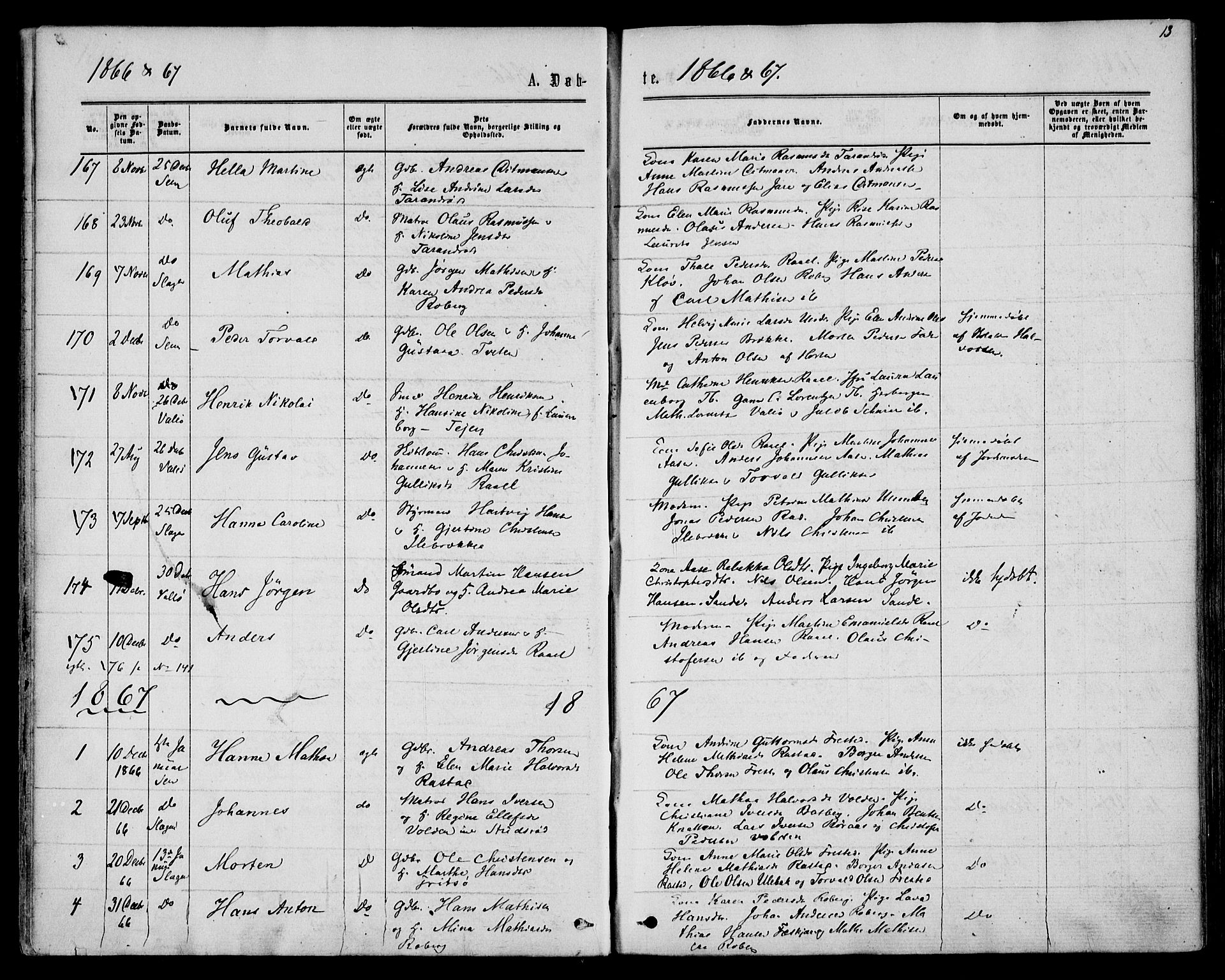 Sem kirkebøker, SAKO/A-5/F/Fa/L0008: Parish register (official) no. I 8, 1866-1873, p. 13