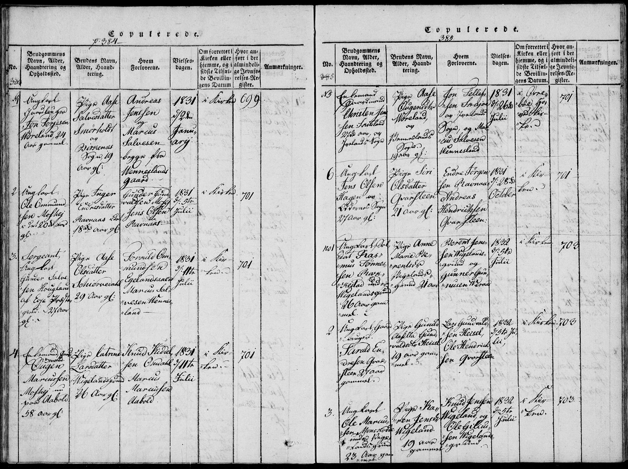 Vennesla sokneprestkontor, AV/SAK-1111-0045/Fa/Fab/L0003: Parish register (official) no. A 3, 1820-1834, p. 384-385