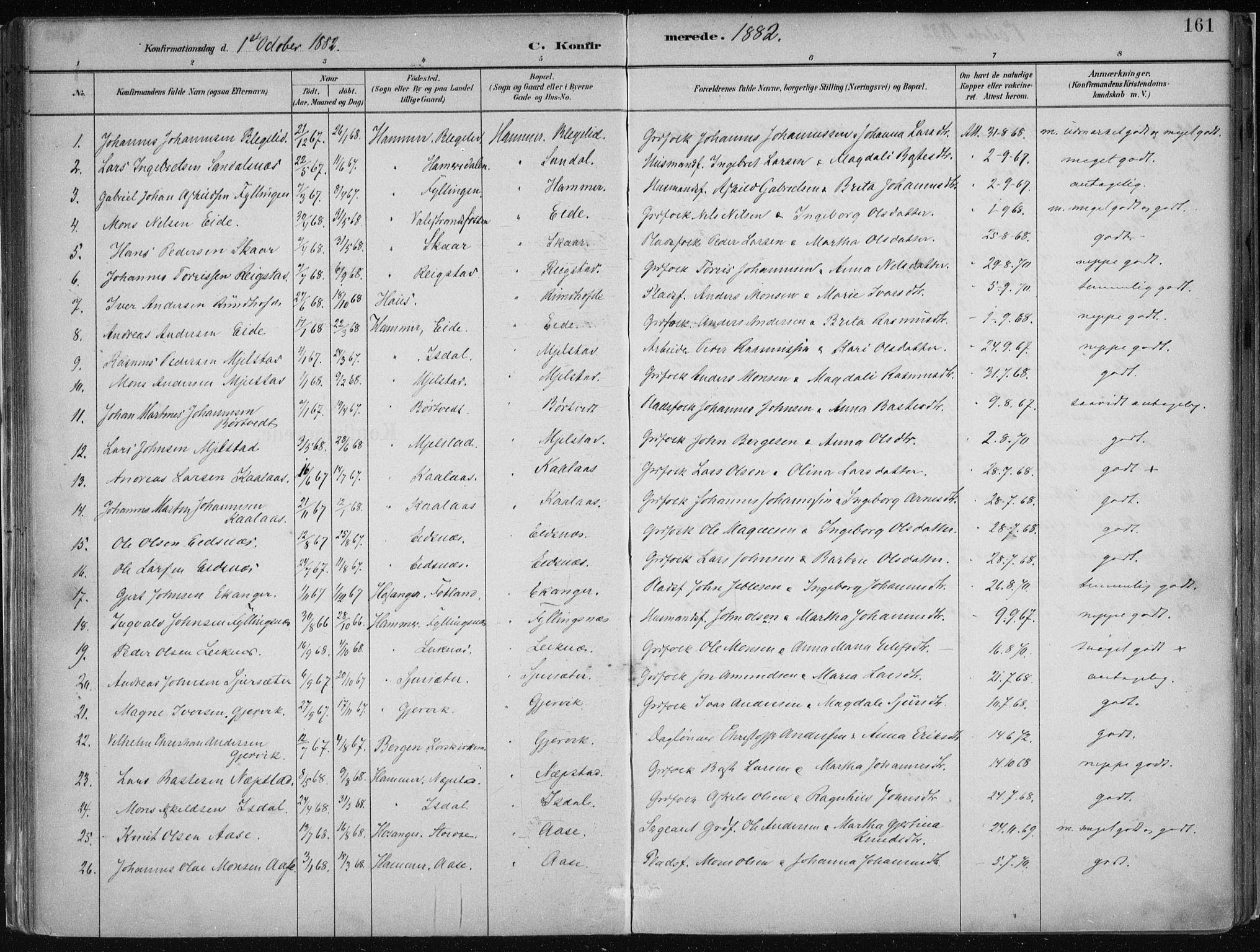 Hamre sokneprestembete, SAB/A-75501/H/Ha/Haa/Haab/L0001: Parish register (official) no. B  1, 1882-1905, p. 161