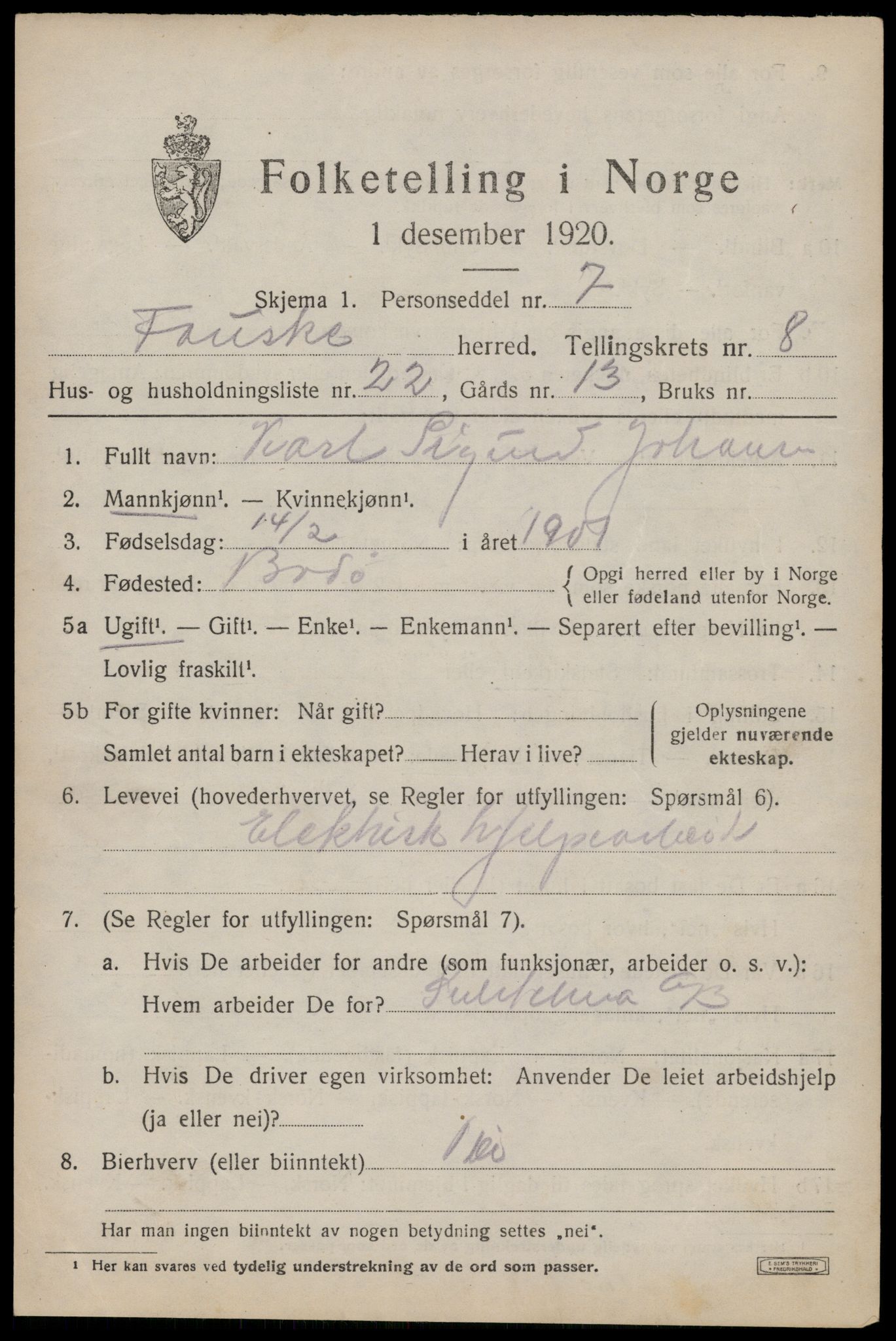 SAT, 1920 census for Fauske, 1920, p. 6630