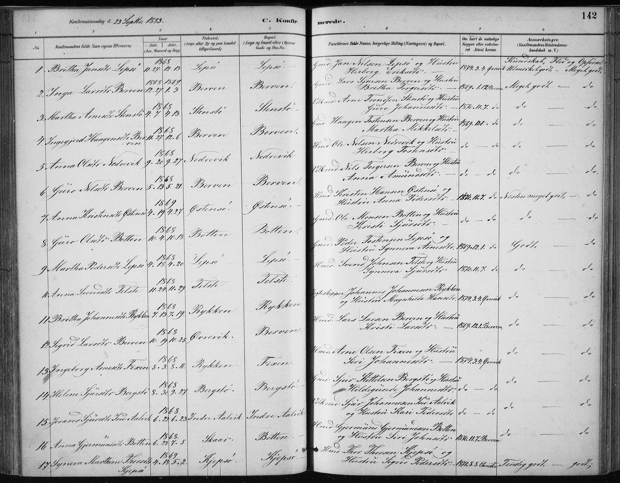 Kvam sokneprestembete, SAB/A-76201/H/Haa: Parish register (official) no. C  1, 1880-1906, p. 142