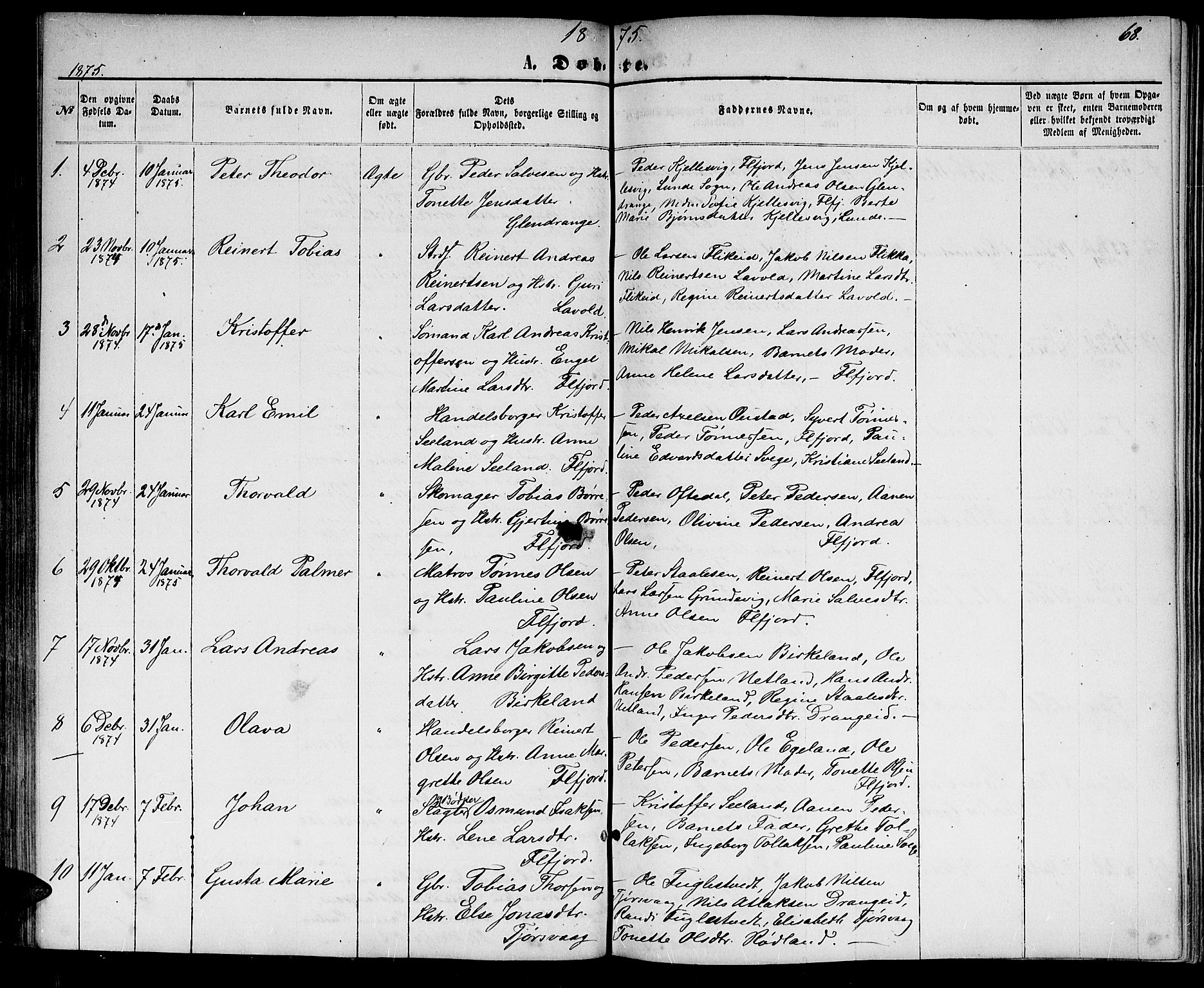 Flekkefjord sokneprestkontor, SAK/1111-0012/F/Fb/Fbc/L0006: Parish register (copy) no. B 6, 1866-1879, p. 68