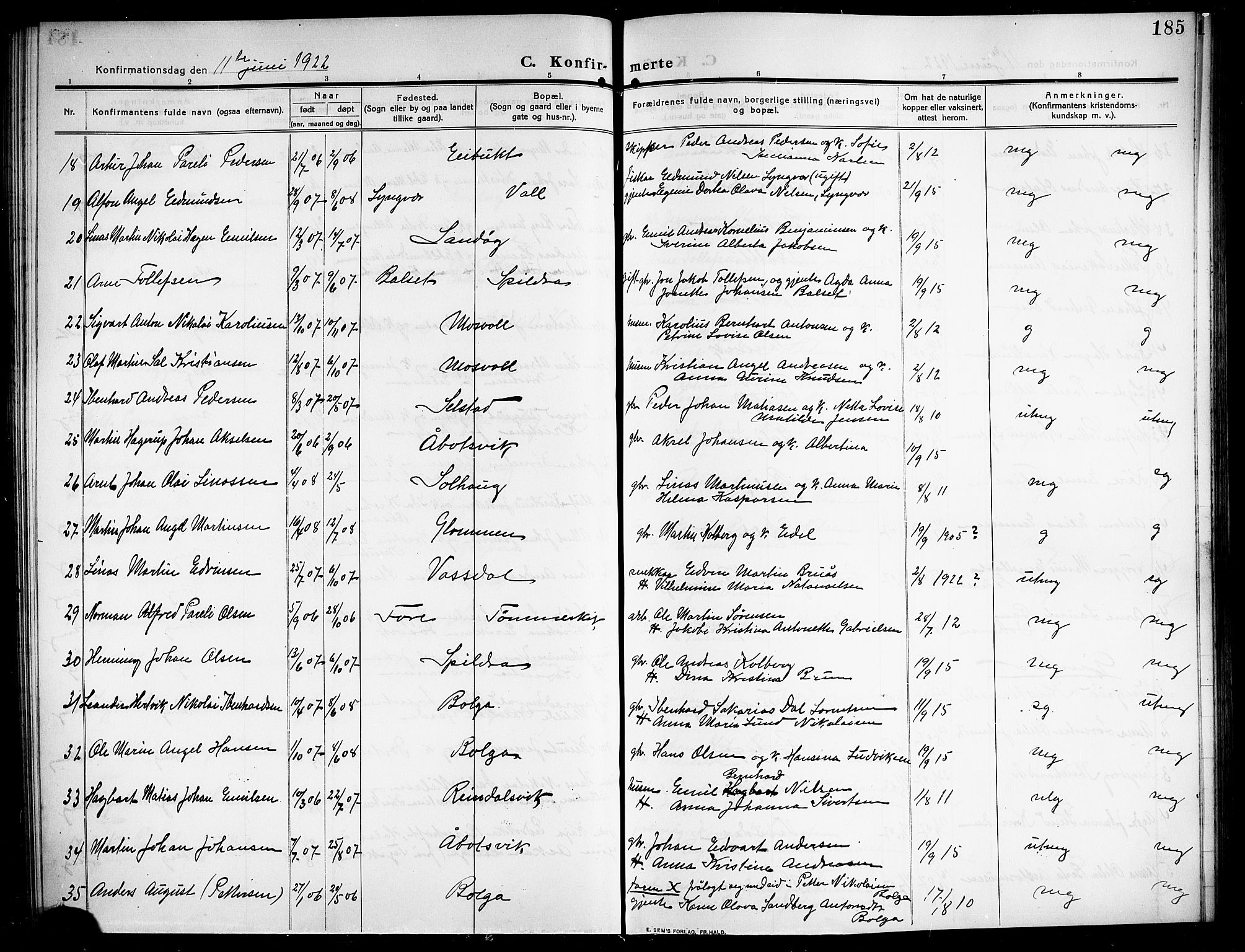 Ministerialprotokoller, klokkerbøker og fødselsregistre - Nordland, SAT/A-1459/843/L0639: Parish register (copy) no. 843C08, 1908-1924, p. 185
