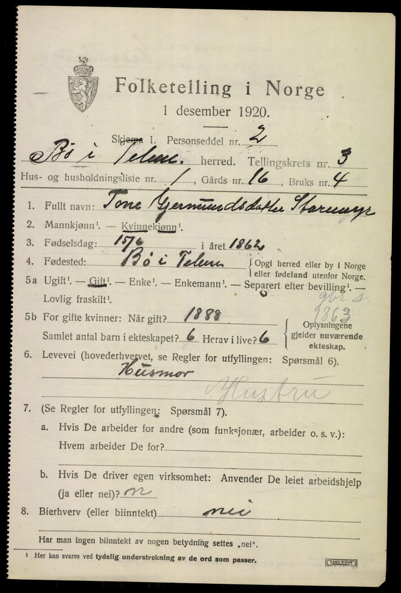 SAKO, 1920 census for Bø (Telemark), 1920, p. 2664