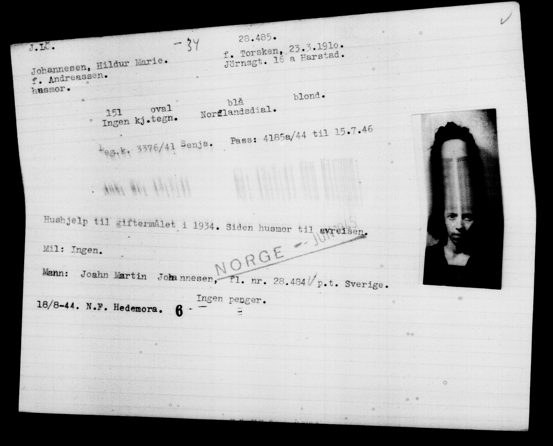 Den Kgl. Norske Legasjons Flyktningskontor, RA/S-6753/V/Va/L0012: Kjesäterkartoteket.  Flyktningenr. 28300-31566, 1940-1945, p. 200