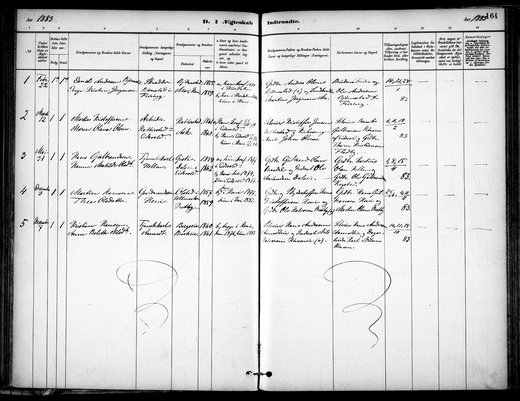 Gjerdrum prestekontor Kirkebøker, SAO/A-10412b/F/Fb/L0001: Parish register (official) no. II 1, 1881-1921, p. 164