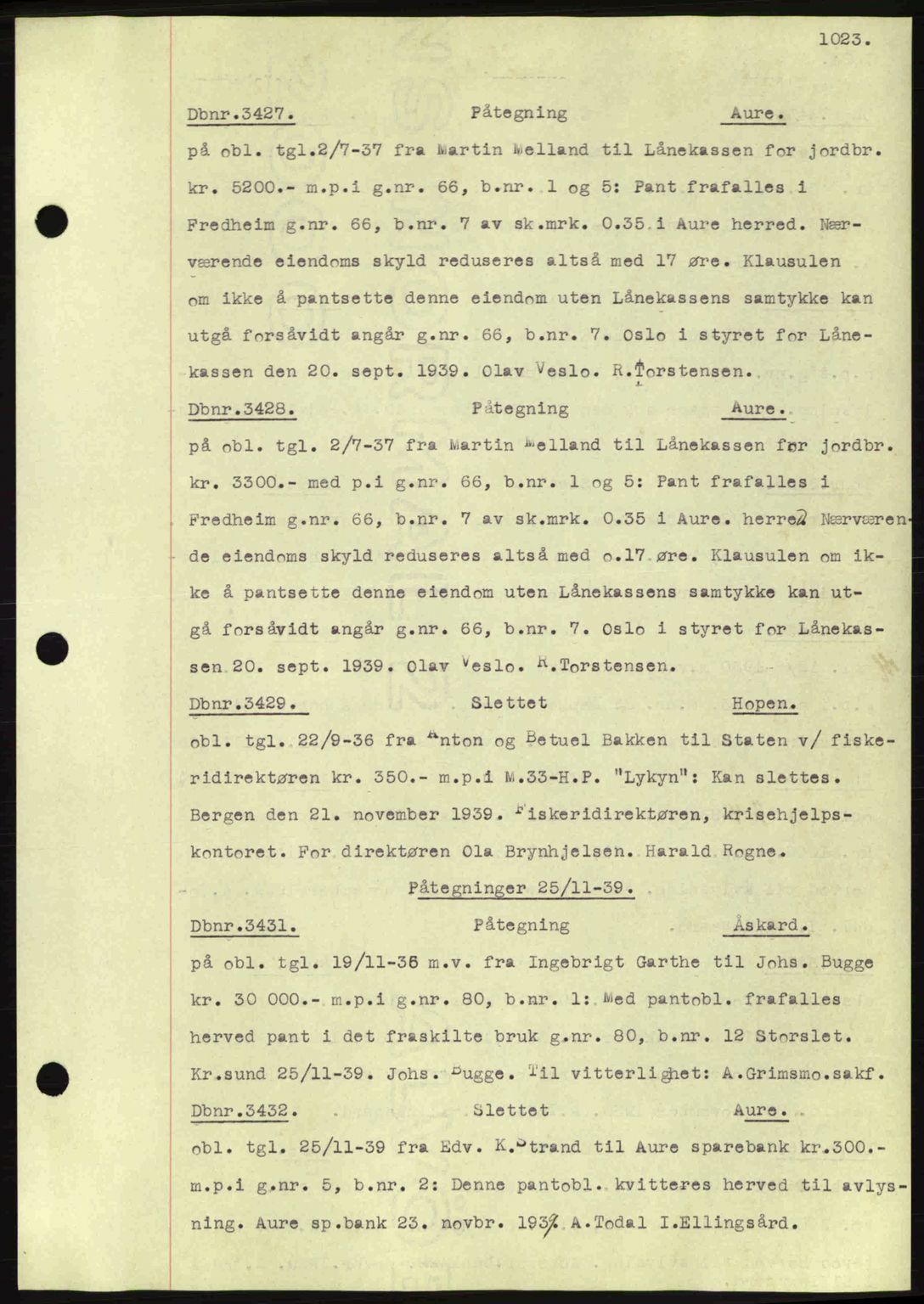 Nordmøre sorenskriveri, AV/SAT-A-4132/1/2/2Ca: Mortgage book no. C80, 1936-1939, Diary no: : 3427/1939