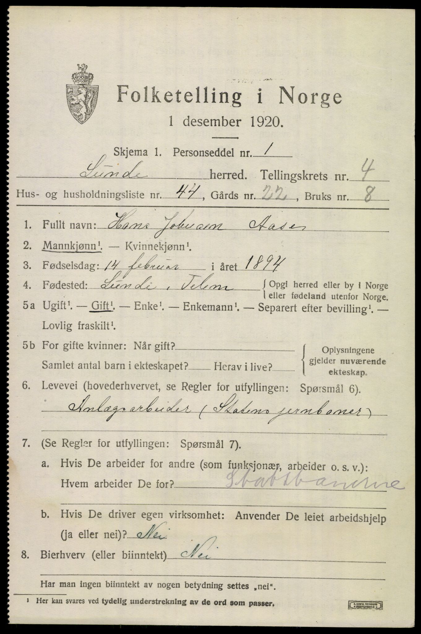 SAKO, 1920 census for Lunde, 1920, p. 3397