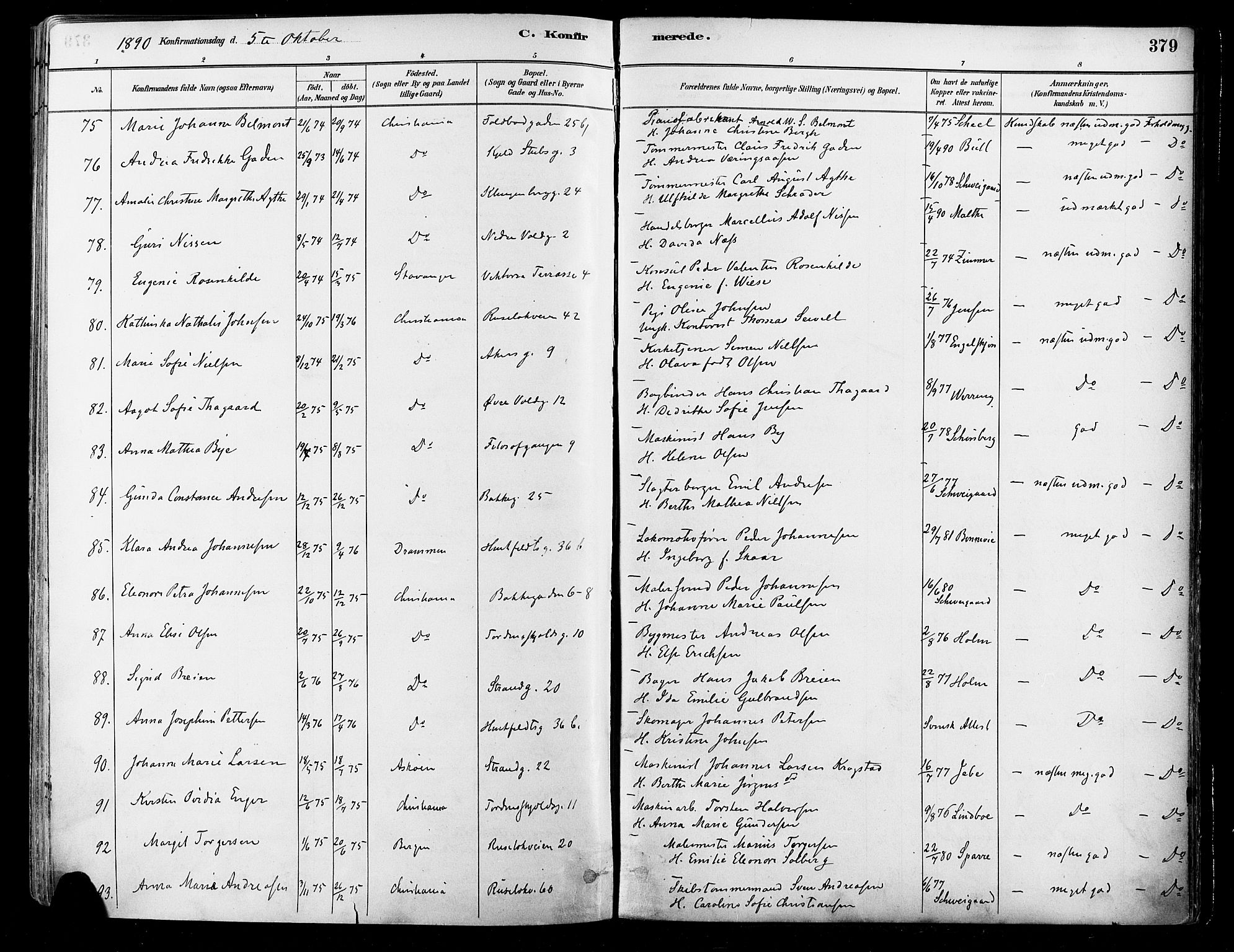 Johannes prestekontor Kirkebøker, AV/SAO-A-10852/F/Fa/L0003: Parish register (official) no. 3, 1882-1896, p. 379