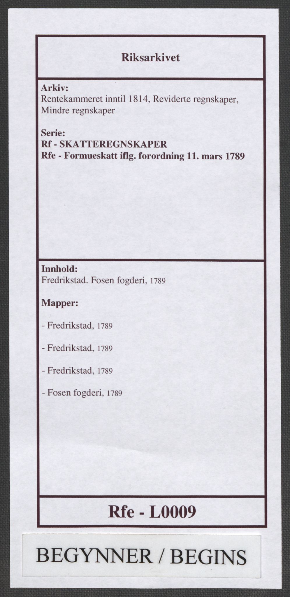 Rentekammeret inntil 1814, Reviderte regnskaper, Mindre regnskaper, AV/RA-EA-4068/Rf/Rfe/L0009: Fredrikstad. Fosen fogderi, 1789, p. 1