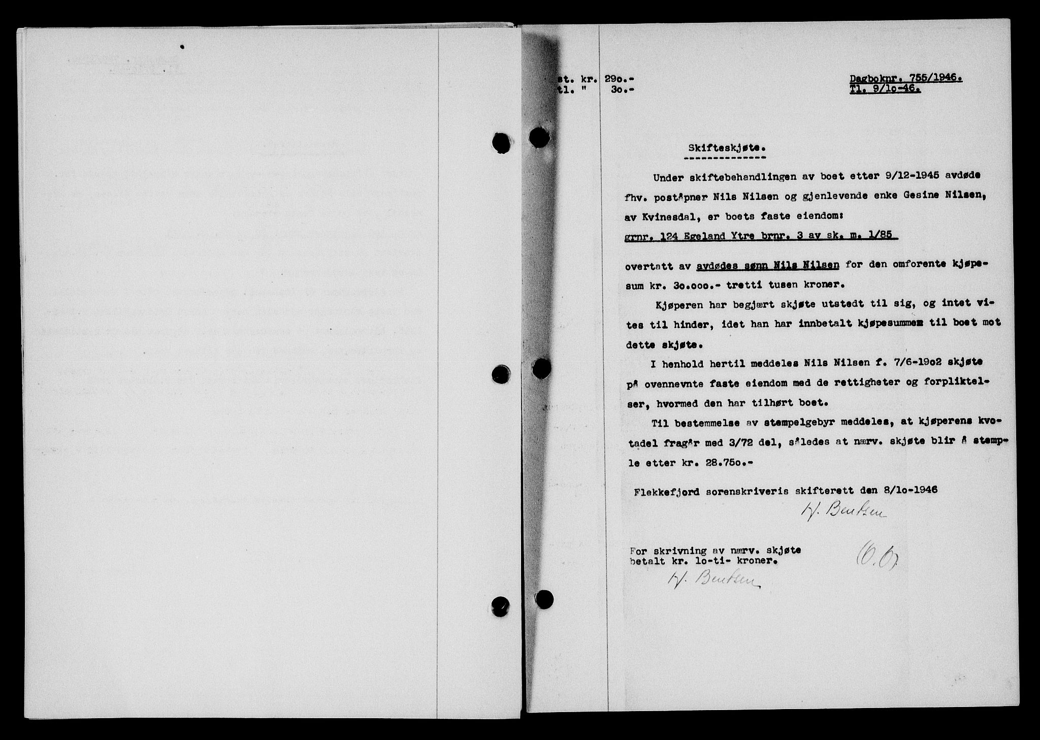 Flekkefjord sorenskriveri, SAK/1221-0001/G/Gb/Gba/L0061: Mortgage book no. A-9, 1946-1947, Diary no: : 755/1946