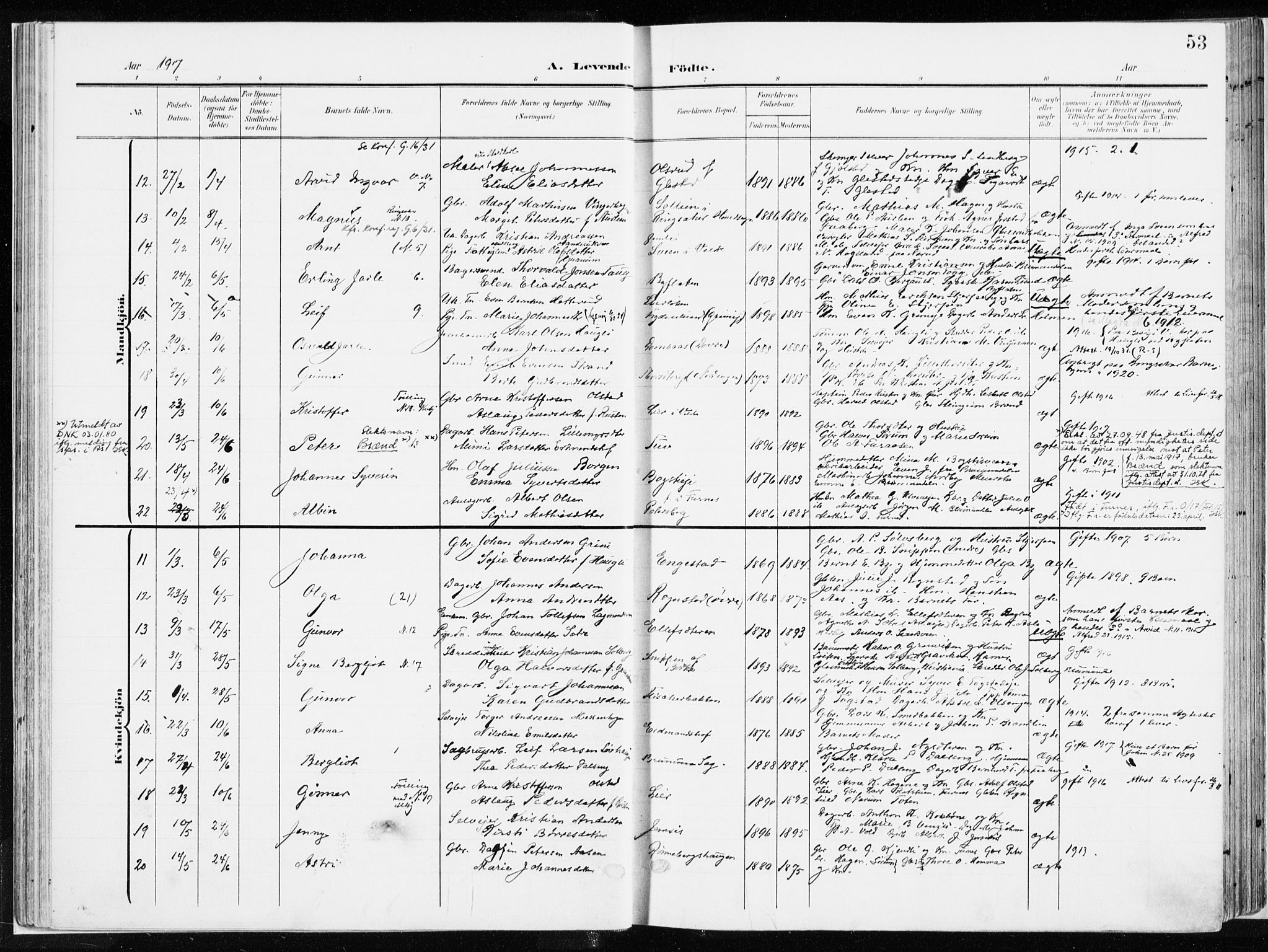 Ringsaker prestekontor, AV/SAH-PREST-014/K/Ka/L0019: Parish register (official) no. 19, 1905-1920, p. 53