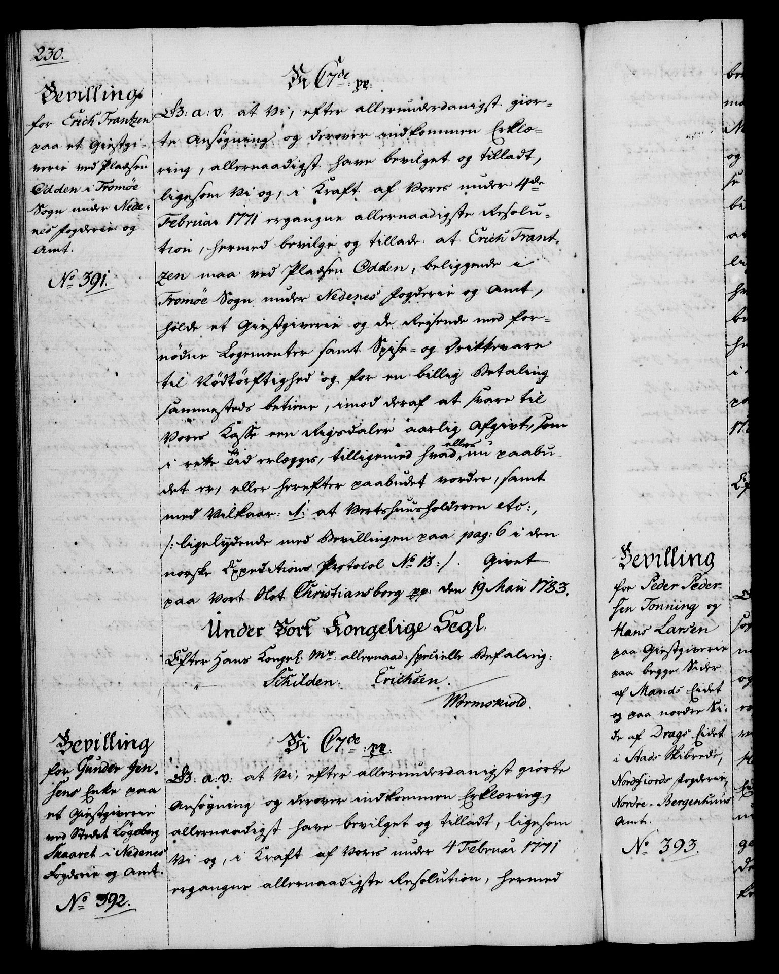 Rentekammeret, Kammerkanselliet, RA/EA-3111/G/Gg/Gga/L0012: Norsk ekspedisjonsprotokoll med register (merket RK 53.12), 1781-1783, p. 230