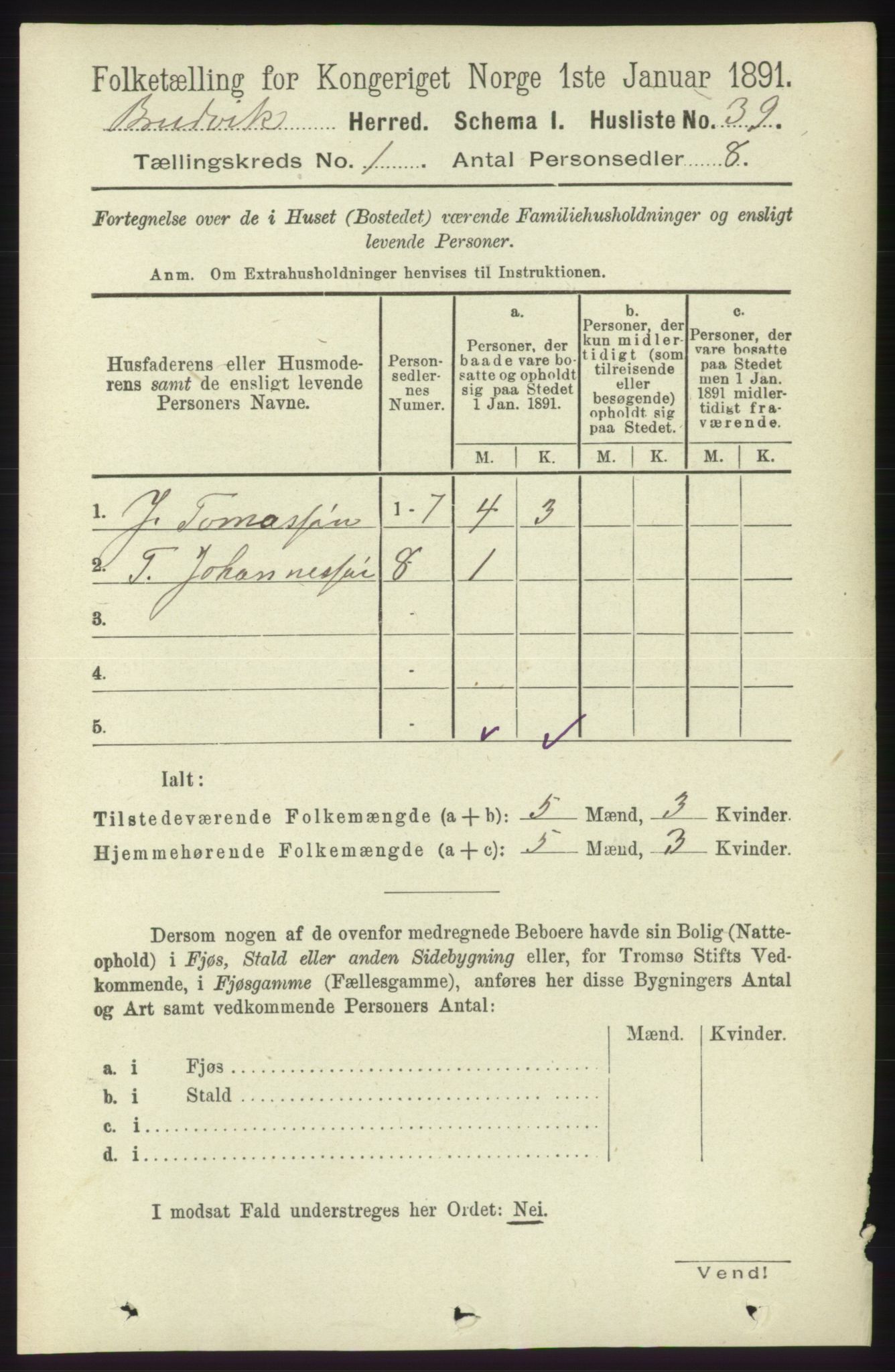 RA, 1891 census for 1251 Bruvik, 1891, p. 67