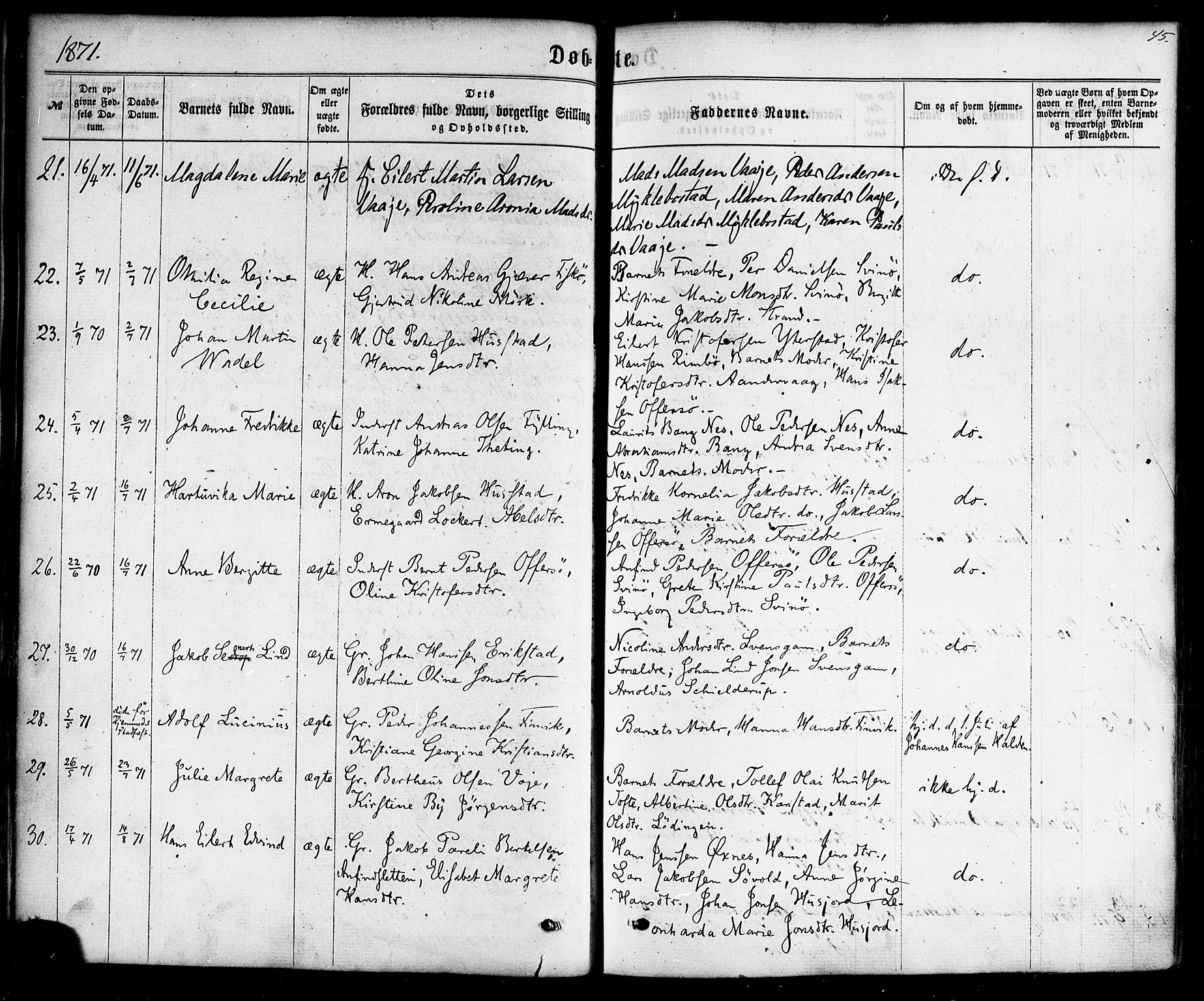 Ministerialprotokoller, klokkerbøker og fødselsregistre - Nordland, SAT/A-1459/872/L1034: Parish register (official) no. 872A09, 1864-1884, p. 45