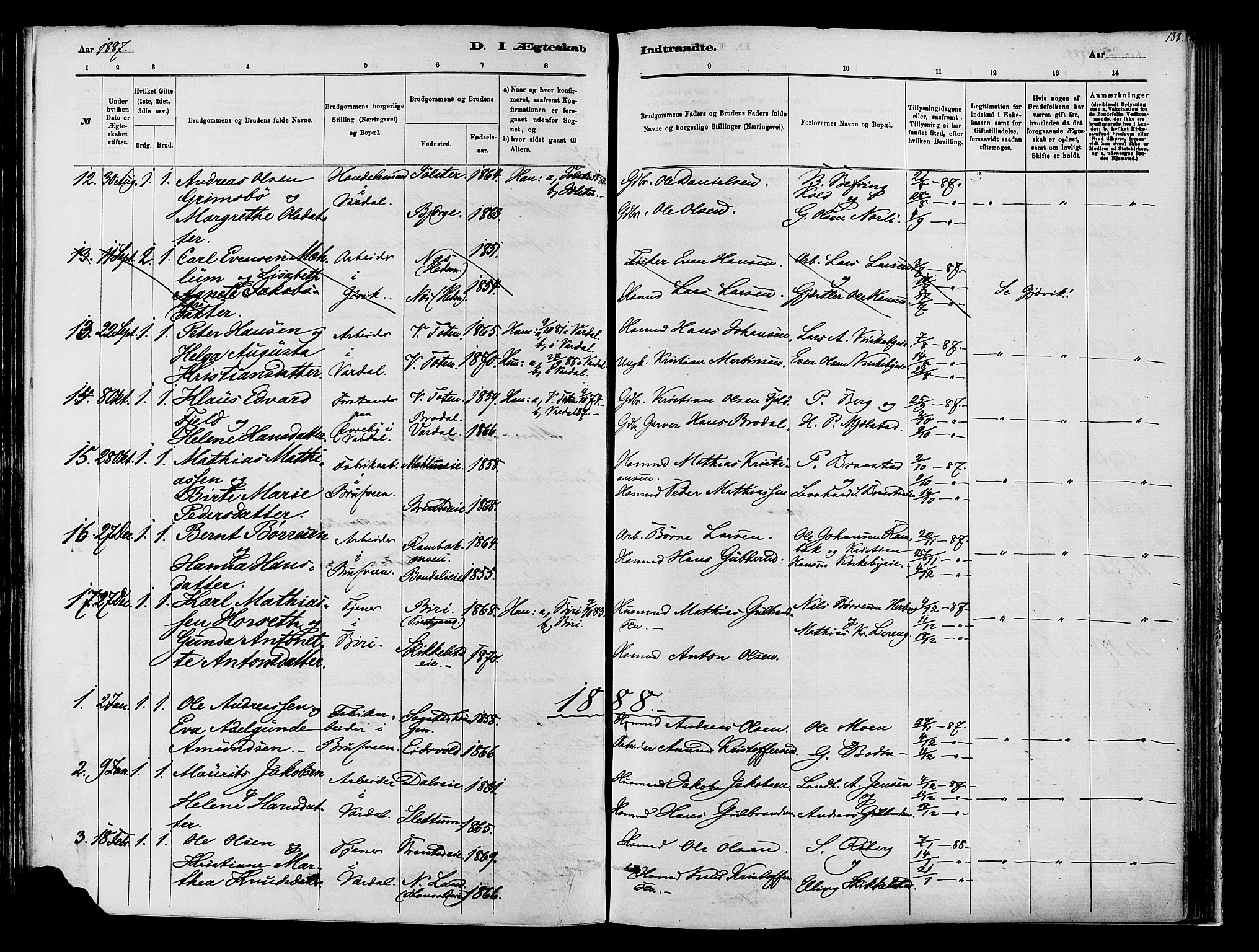 Vardal prestekontor, SAH/PREST-100/H/Ha/Haa/L0009: Parish register (official) no. 9, 1878-1892, p. 138