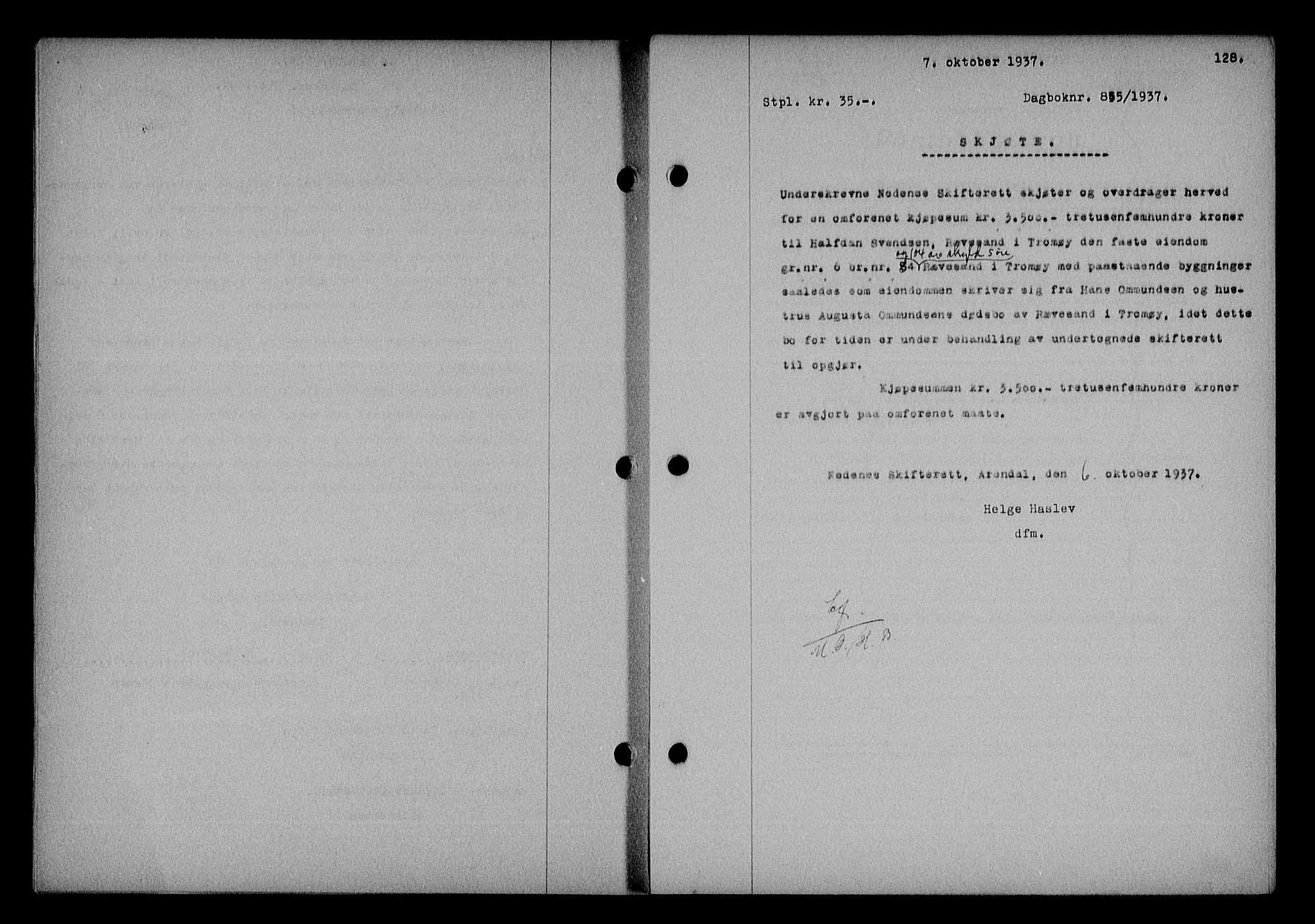 Nedenes sorenskriveri, SAK/1221-0006/G/Gb/Gba/L0044: Mortgage book no. 40, 1937-1938, Diary no: : 855/1937