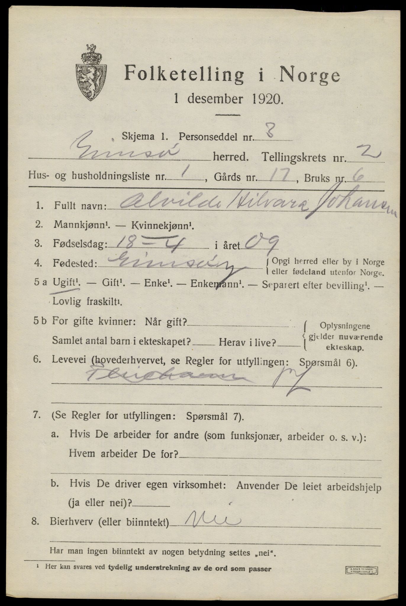 SAT, 1920 census for Gimsøy, 1920, p. 1295