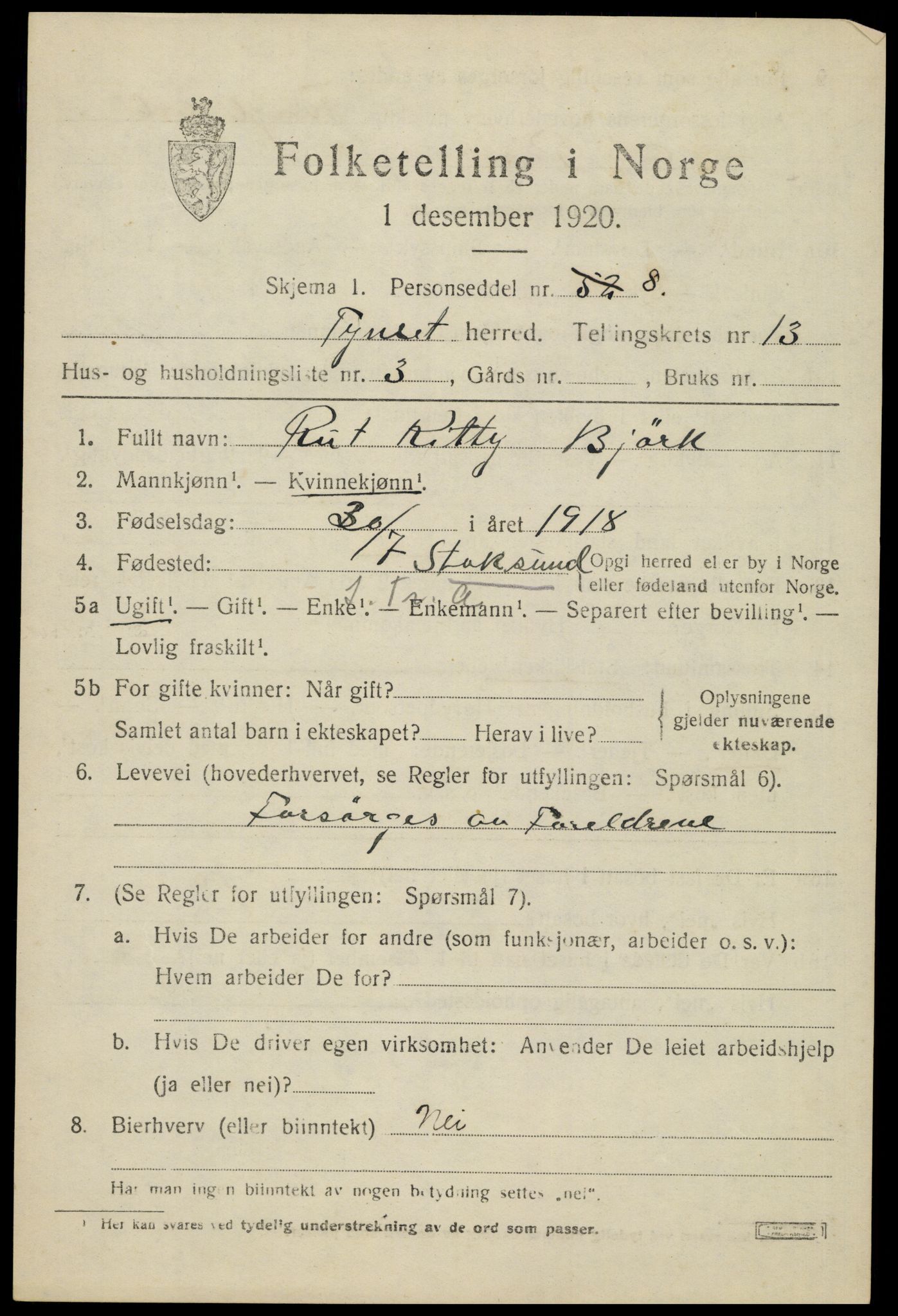 SAH, 1920 census for Tynset, 1920, p. 8602