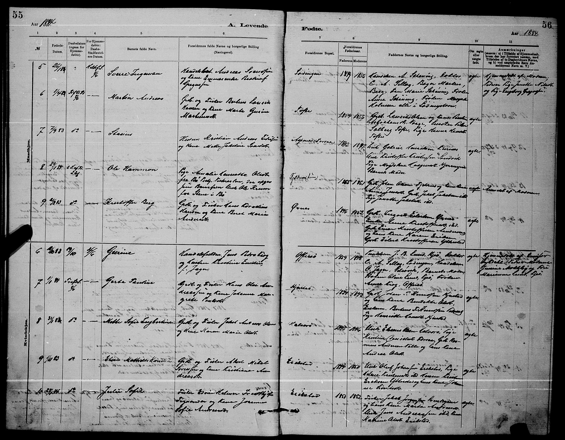 Ministerialprotokoller, klokkerbøker og fødselsregistre - Nordland, AV/SAT-A-1459/872/L1047: Parish register (copy) no. 872C03, 1880-1897, p. 55-56