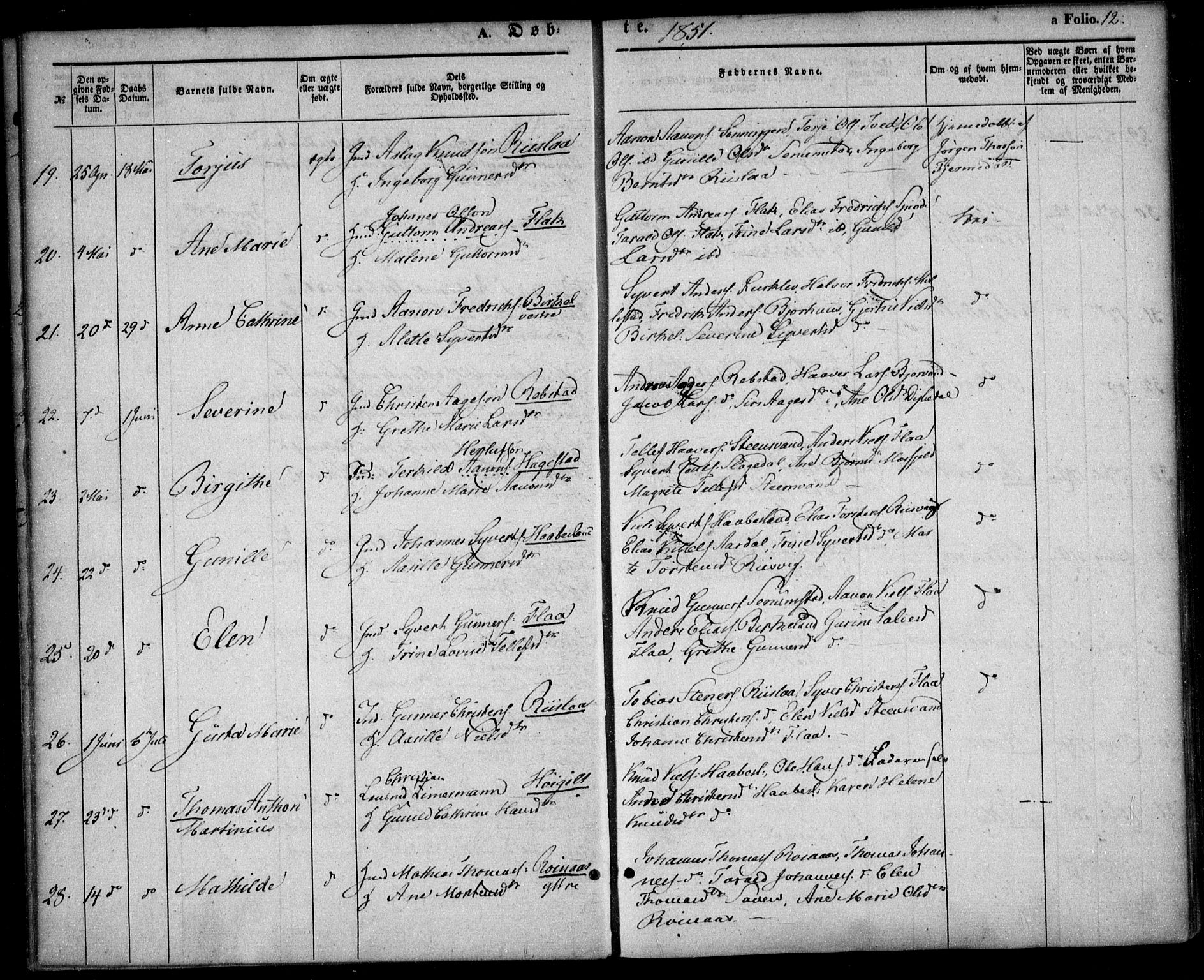 Birkenes sokneprestkontor, AV/SAK-1111-0004/F/Fa/L0003: Parish register (official) no. A 3, 1850-1866, p. 12