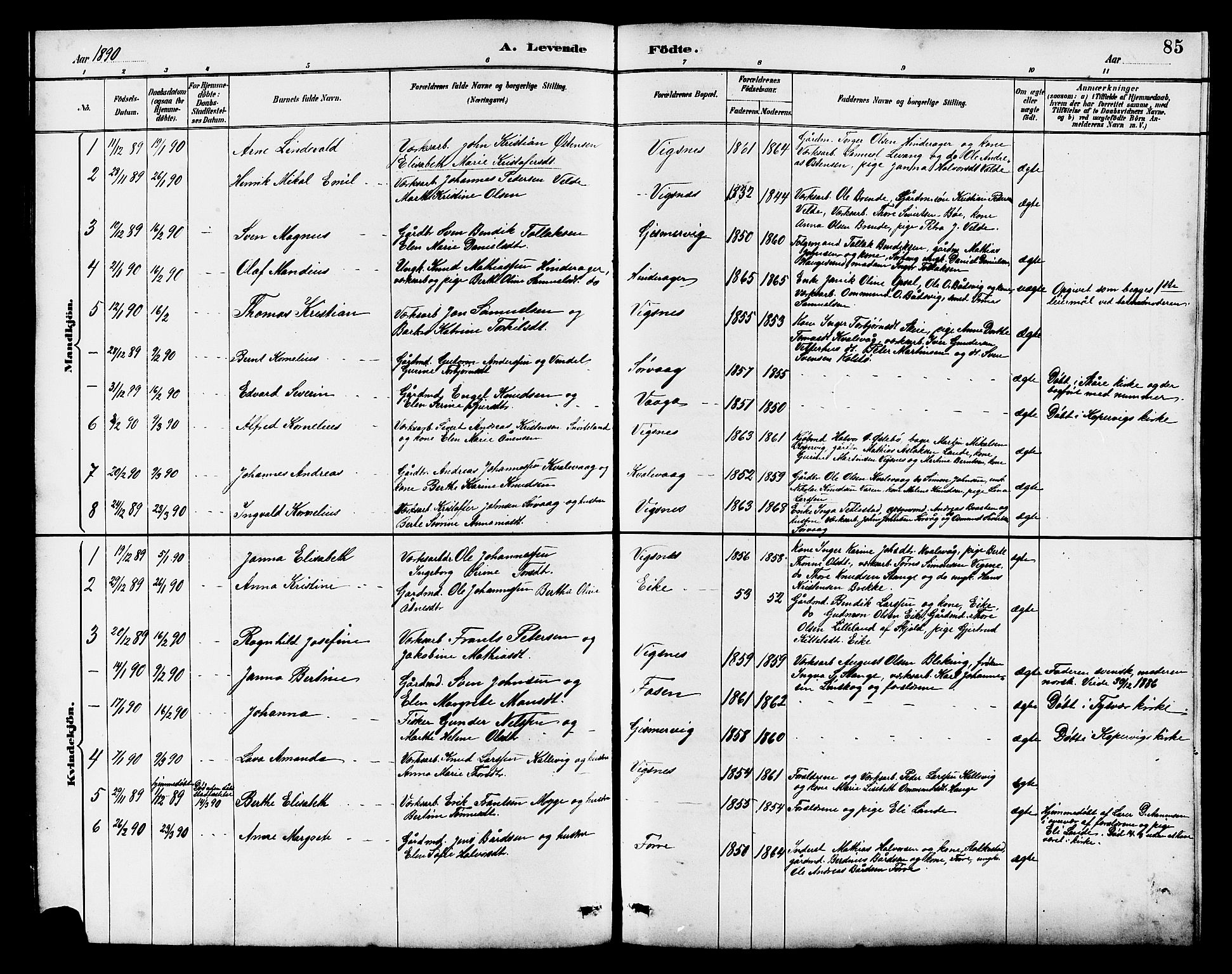 Avaldsnes sokneprestkontor, SAST/A -101851/H/Ha/Hab/L0007: Parish register (copy) no. B 7, 1885-1909, p. 85