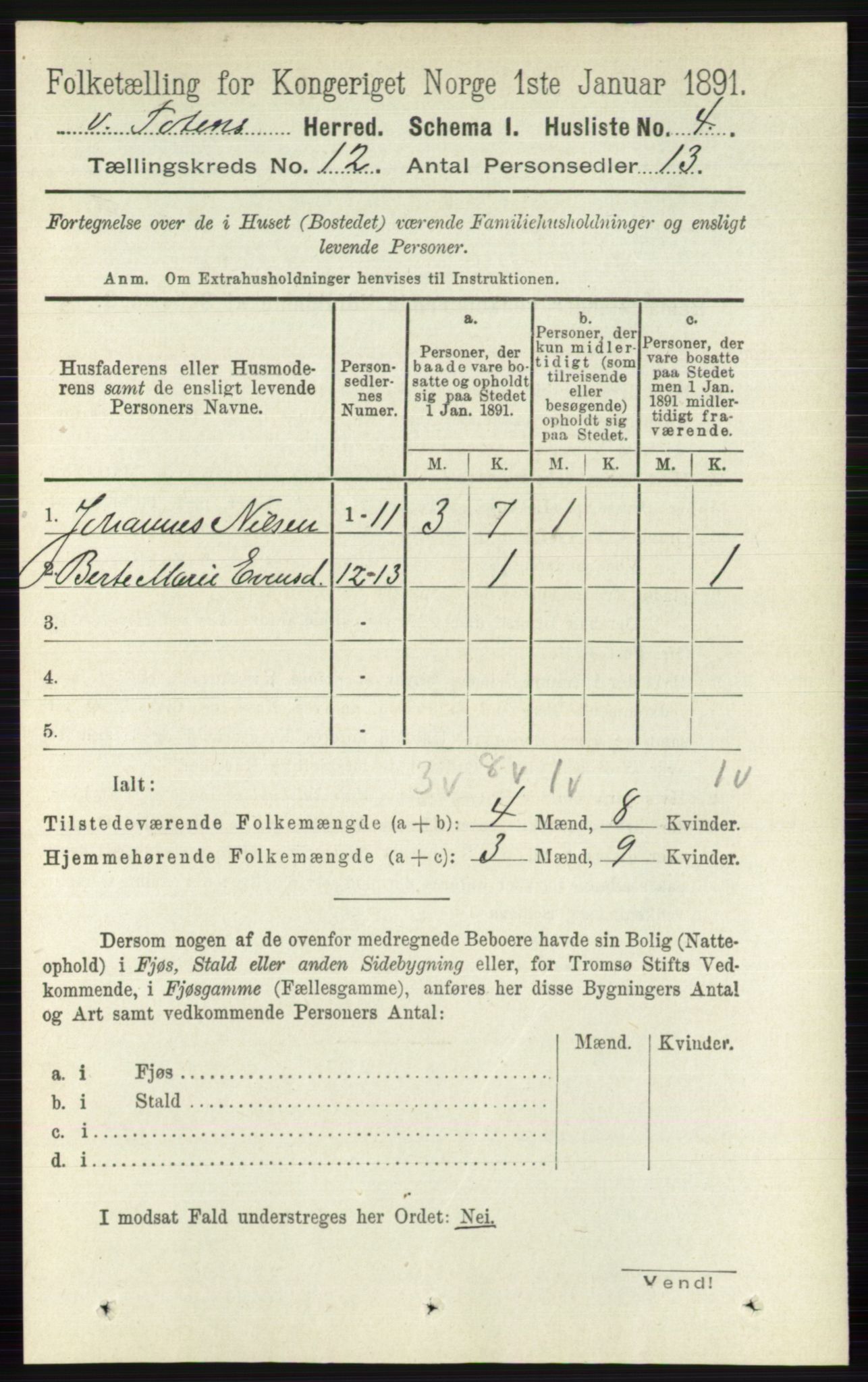 RA, 1891 census for 0529 Vestre Toten, 1891, p. 7204