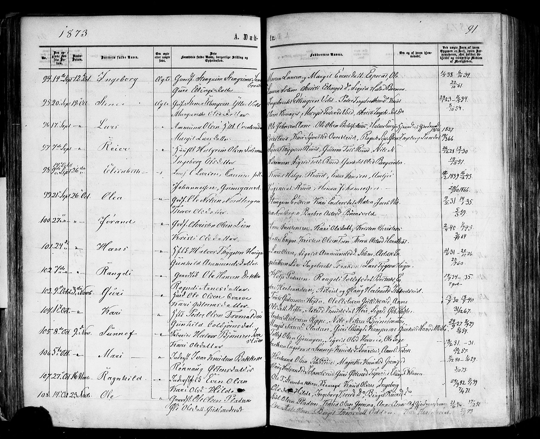 Nes kirkebøker, AV/SAKO-A-236/F/Fa/L0010: Parish register (official) no. 10, 1864-1880, p. 91