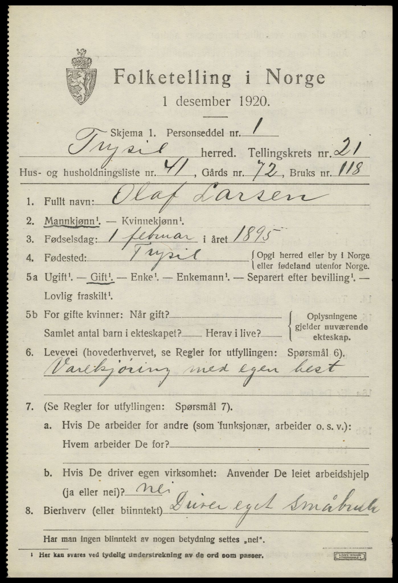 SAH, 1920 census for Trysil, 1920, p. 14259