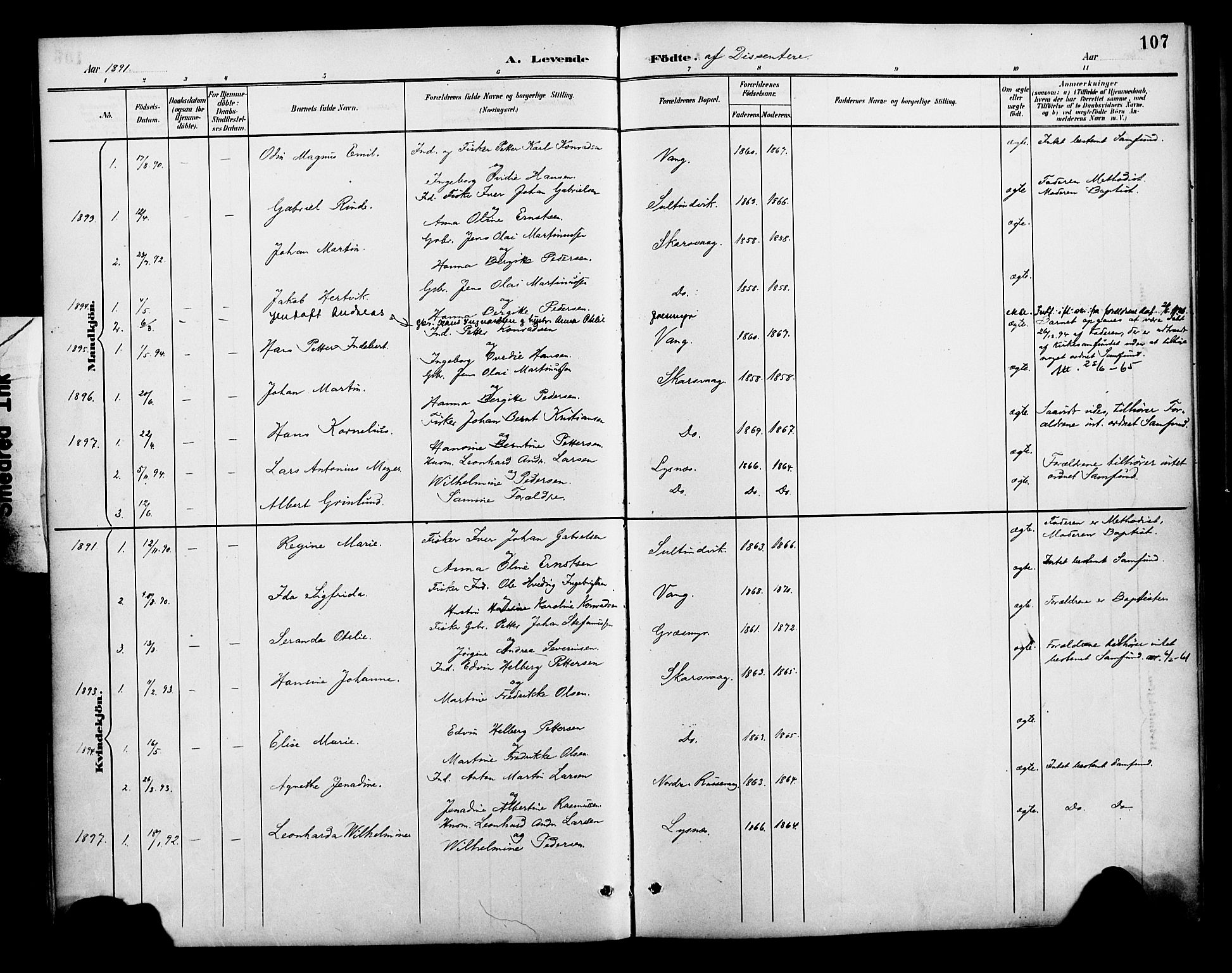 Lenvik sokneprestembete, SATØ/S-1310/H/Ha/Haa/L0013kirke: Parish register (official) no. 13, 1890-1898, p. 107