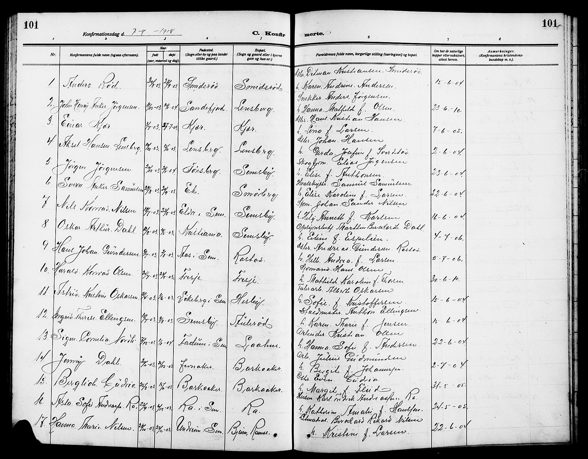 Sem kirkebøker, SAKO/A-5/G/Ga/L0007: Parish register (copy) no. I 7, 1909-1924, p. 101