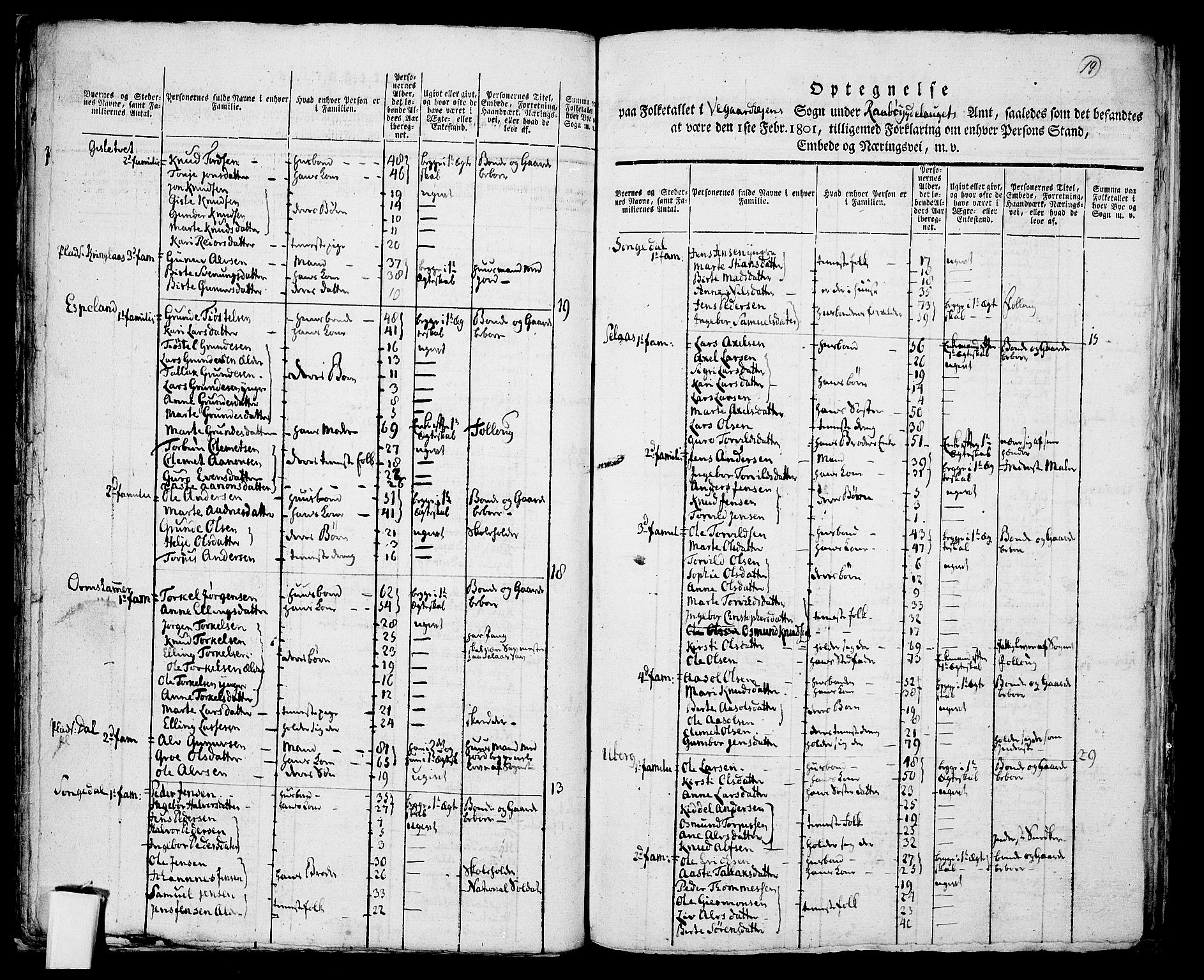 RA, 1801 census for 0911P Gjerstad, 1801, p. 18b-19a