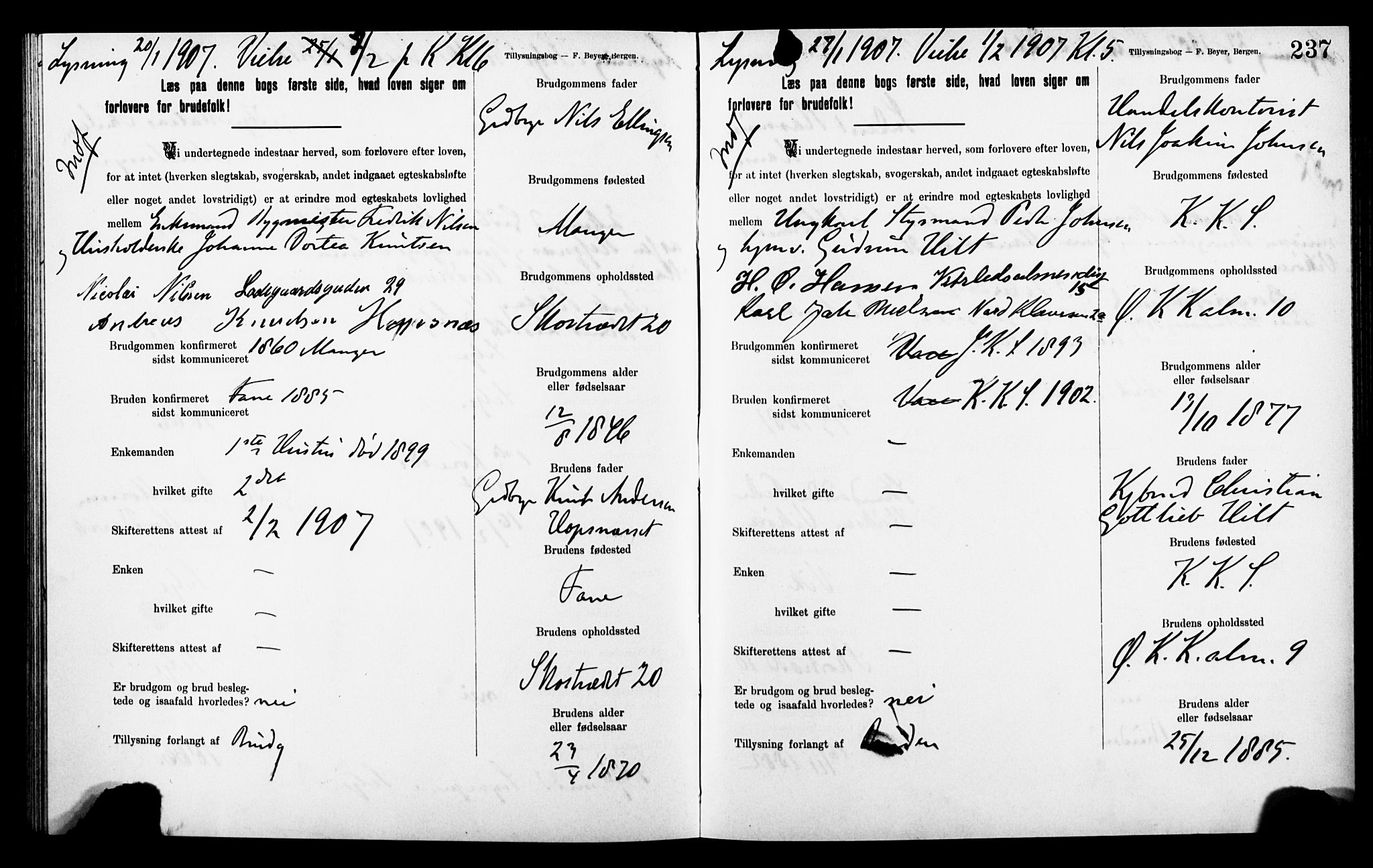 Korskirken sokneprestembete, AV/SAB-A-76101: Best man's statements no. II.5.8, 1903-1908, p. 237