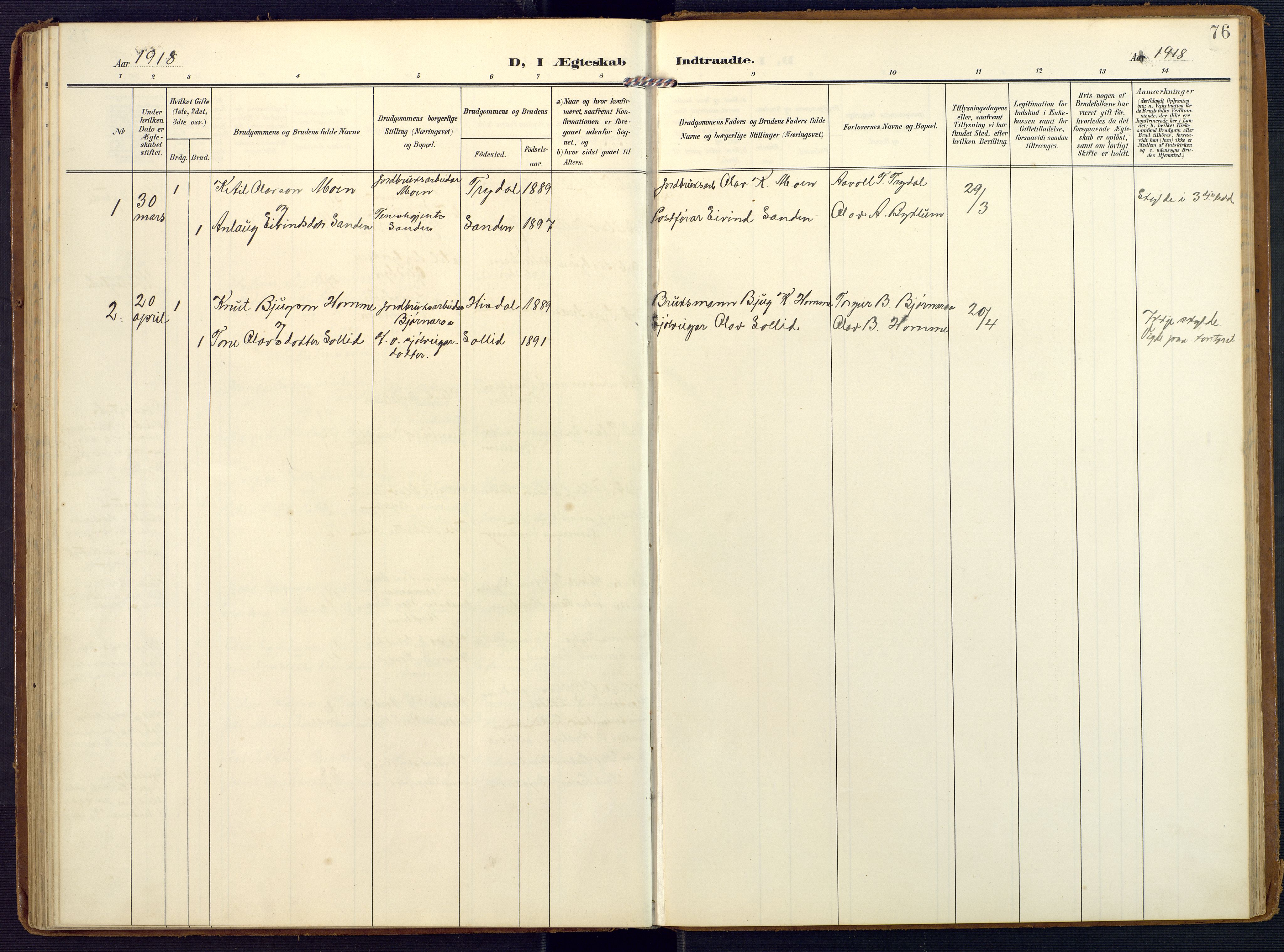 Valle sokneprestkontor, SAK/1111-0044/F/Fa/Faa/L0002: Parish register (official) no. A 2, 1907-1919, p. 76
