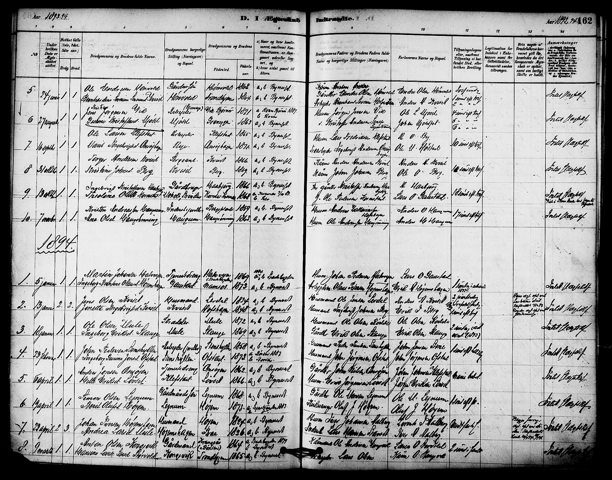 Ministerialprotokoller, klokkerbøker og fødselsregistre - Sør-Trøndelag, SAT/A-1456/612/L0378: Parish register (official) no. 612A10, 1878-1897, p. 162
