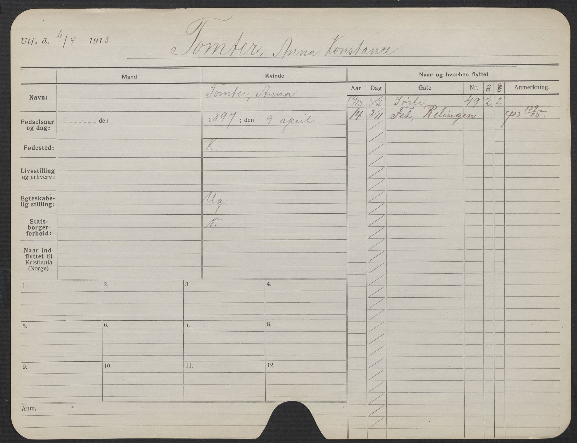 Oslo folkeregister, Registerkort, AV/SAO-A-11715/F/Fa/Fac/L0024: Kvinner, 1906-1914, p. 1199a