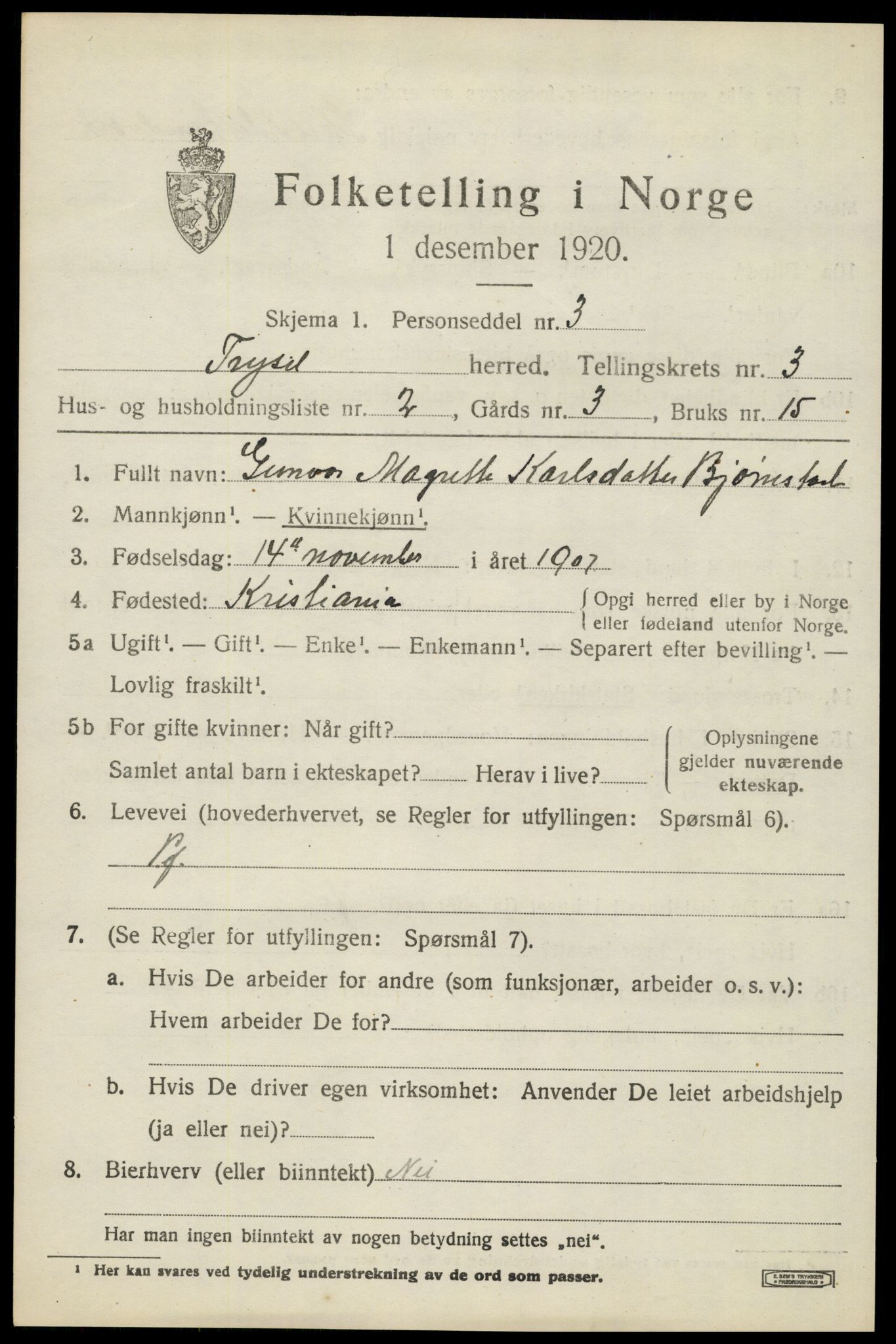 SAH, 1920 census for Trysil, 1920, p. 3493