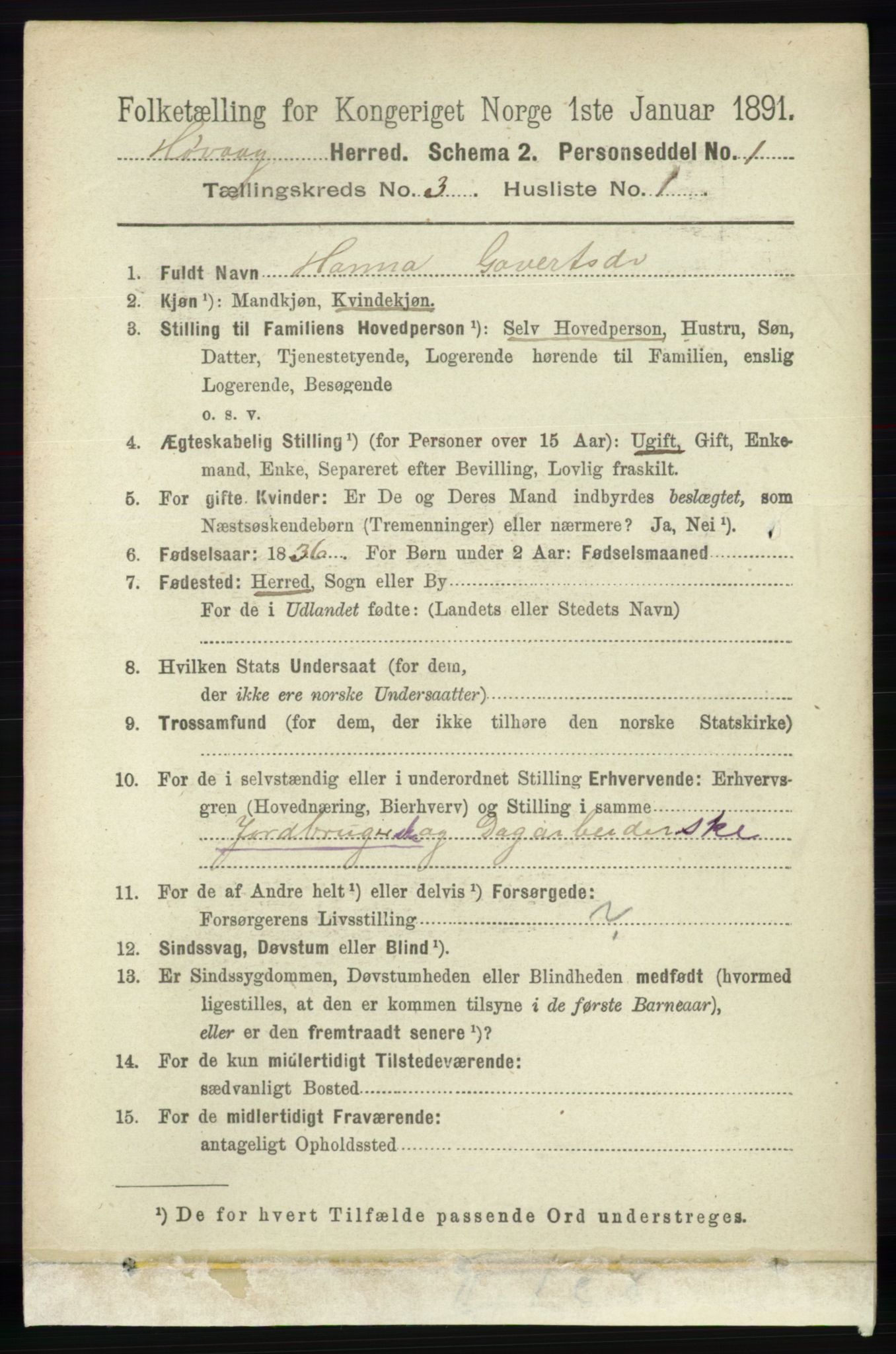 RA, 1891 census for 0927 Høvåg, 1891, p. 1011