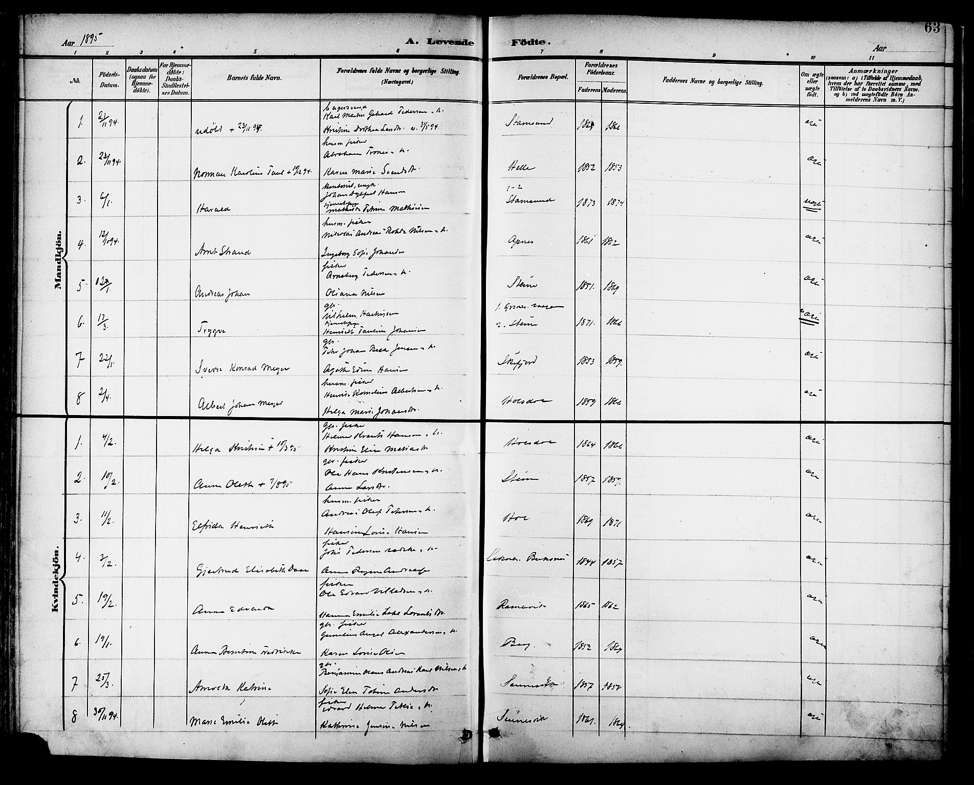 Ministerialprotokoller, klokkerbøker og fødselsregistre - Nordland, SAT/A-1459/882/L1179: Parish register (official) no. 882A01, 1886-1898, p. 63