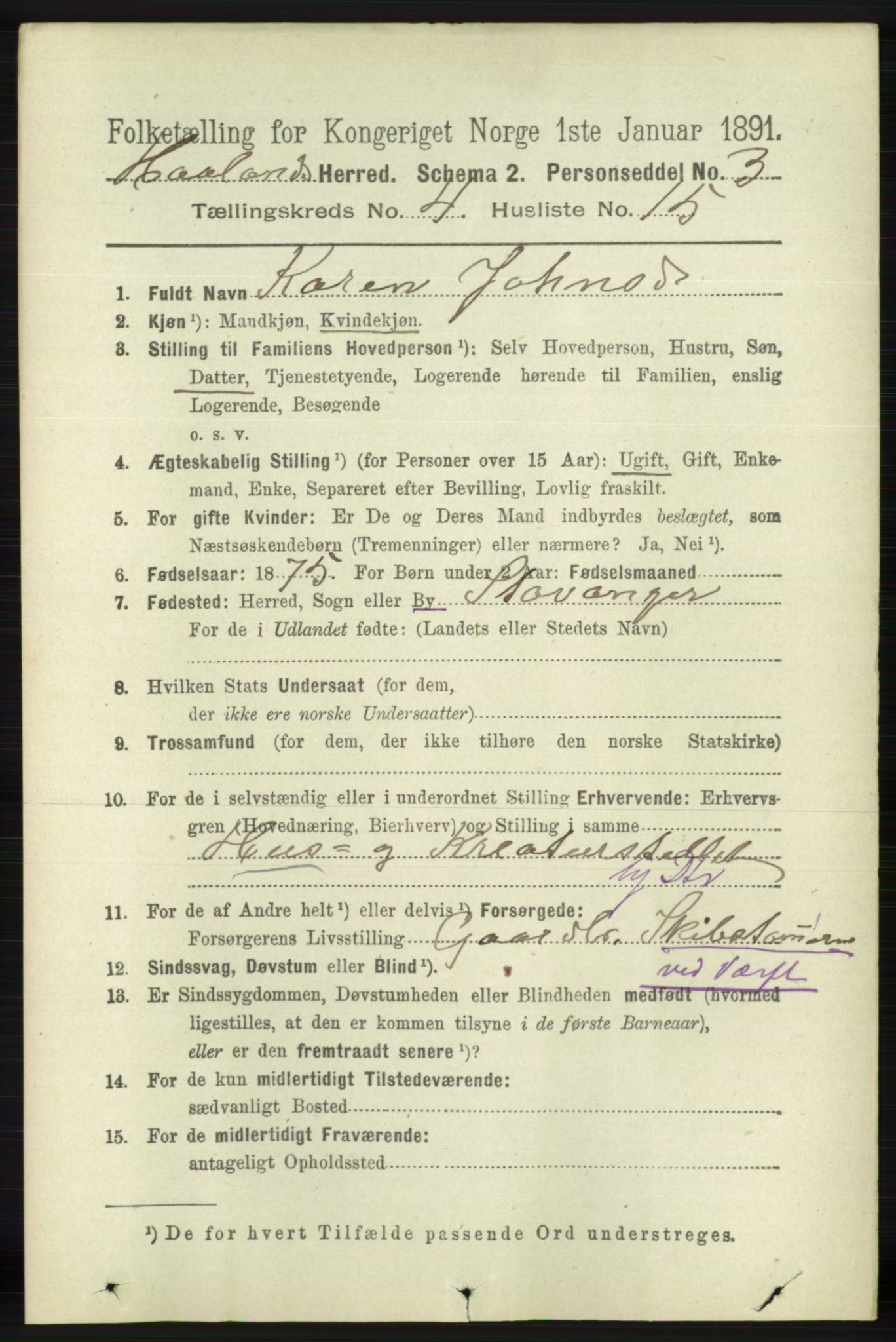 RA, 1891 census for 1124 Haaland, 1891, p. 2503