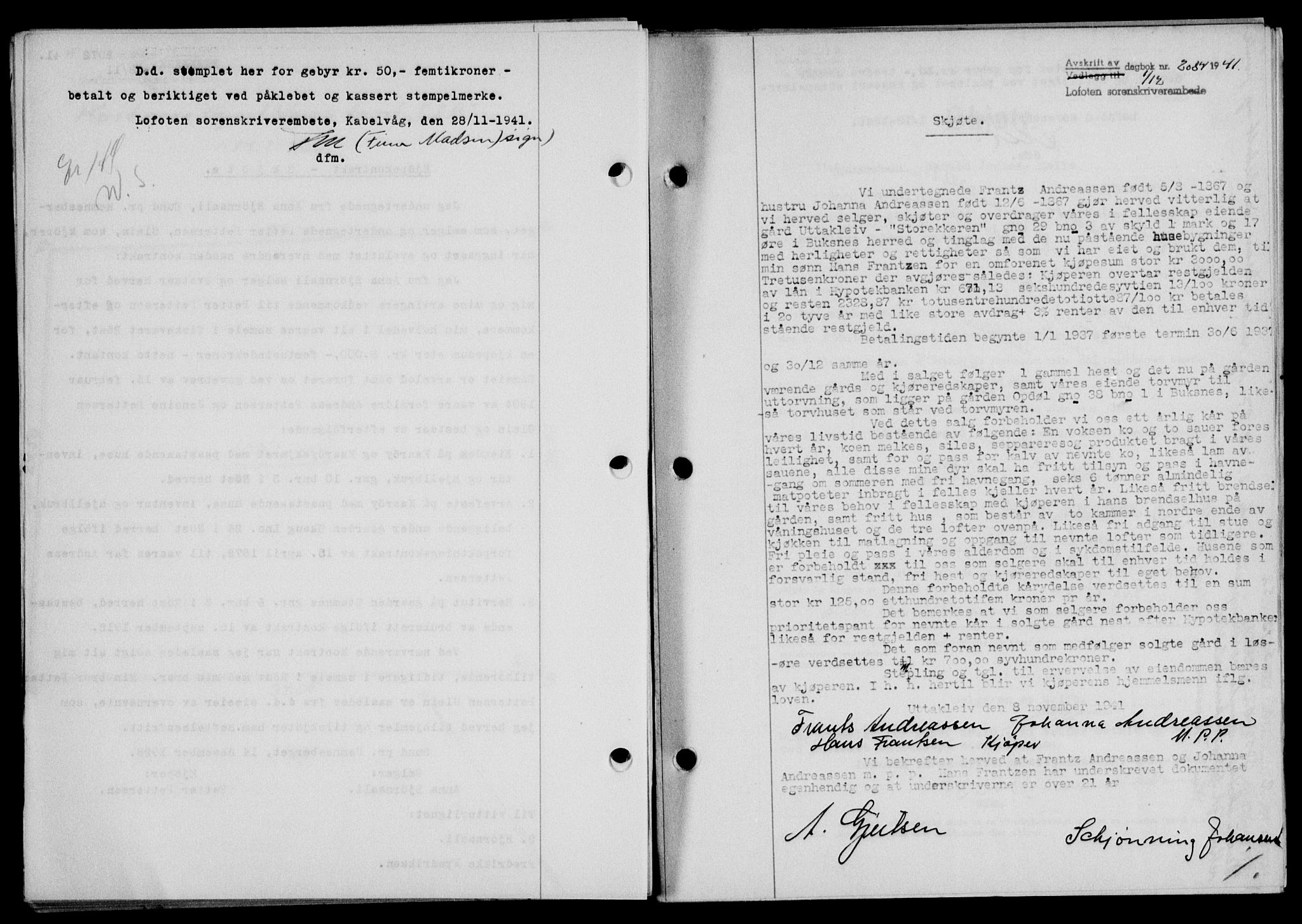 Lofoten sorenskriveri, SAT/A-0017/1/2/2C/L0009a: Mortgage book no. 9a, 1941-1942, Diary no: : 2084/1941