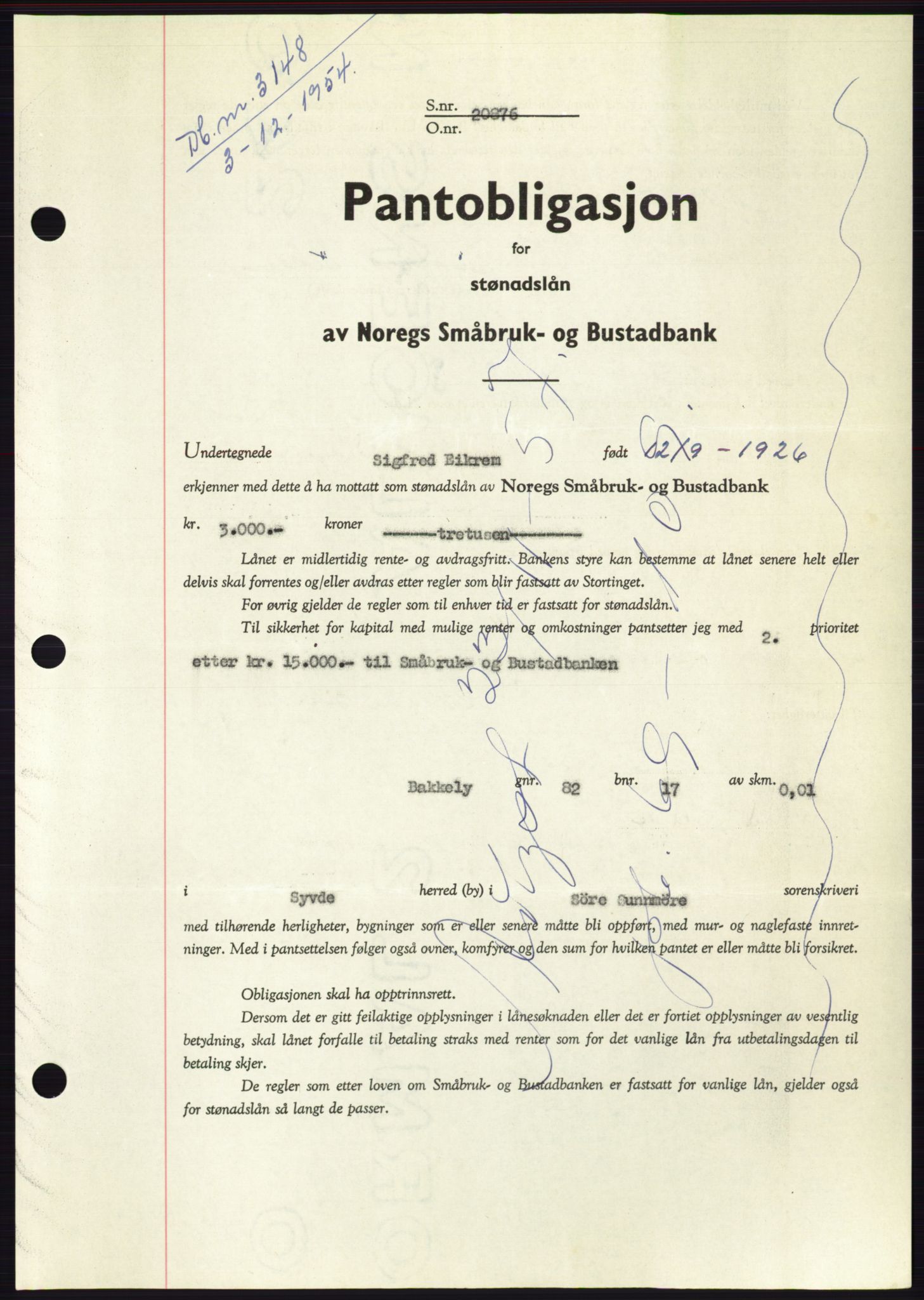 Søre Sunnmøre sorenskriveri, AV/SAT-A-4122/1/2/2C/L0126: Mortgage book no. 14B, 1954-1955, Diary no: : 3148/1954