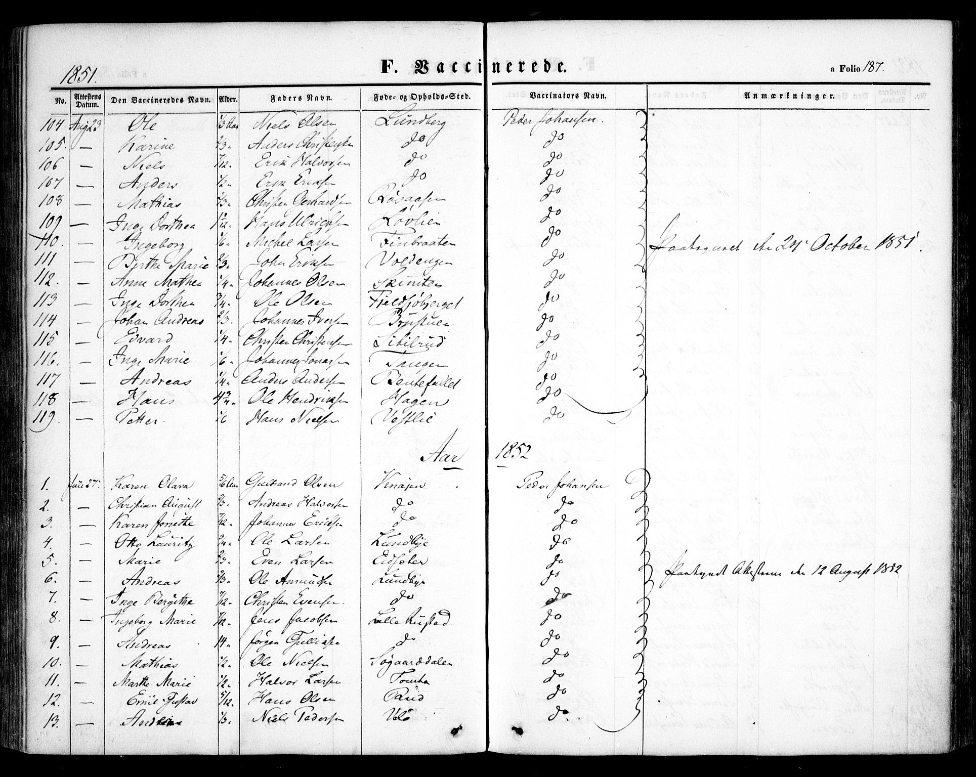 Hurdal prestekontor Kirkebøker, AV/SAO-A-10889/F/Fa/L0005: Parish register (official) no. I 5, 1846-1859, p. 187