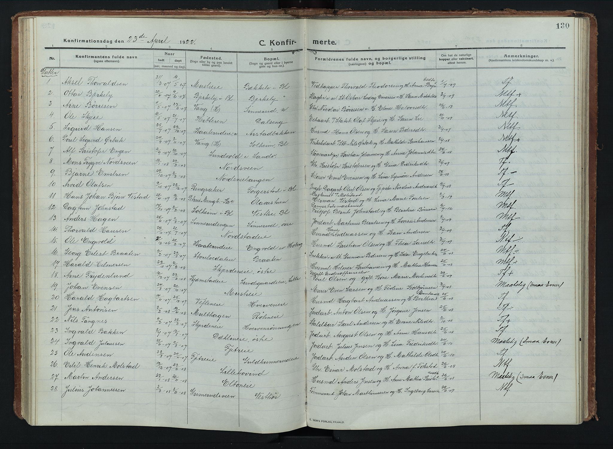 Stange prestekontor, AV/SAH-PREST-002/K/L0028: Parish register (official) no. 28, 1913-1932, p. 130